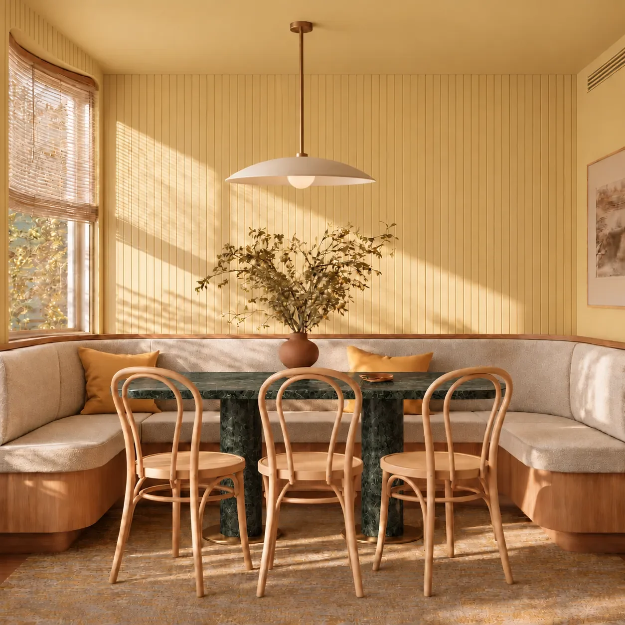Salle de repos du personnel d’une clinique médicale par Rübik Design : banquette sur mesure, table en marbre vert et chaises bistro