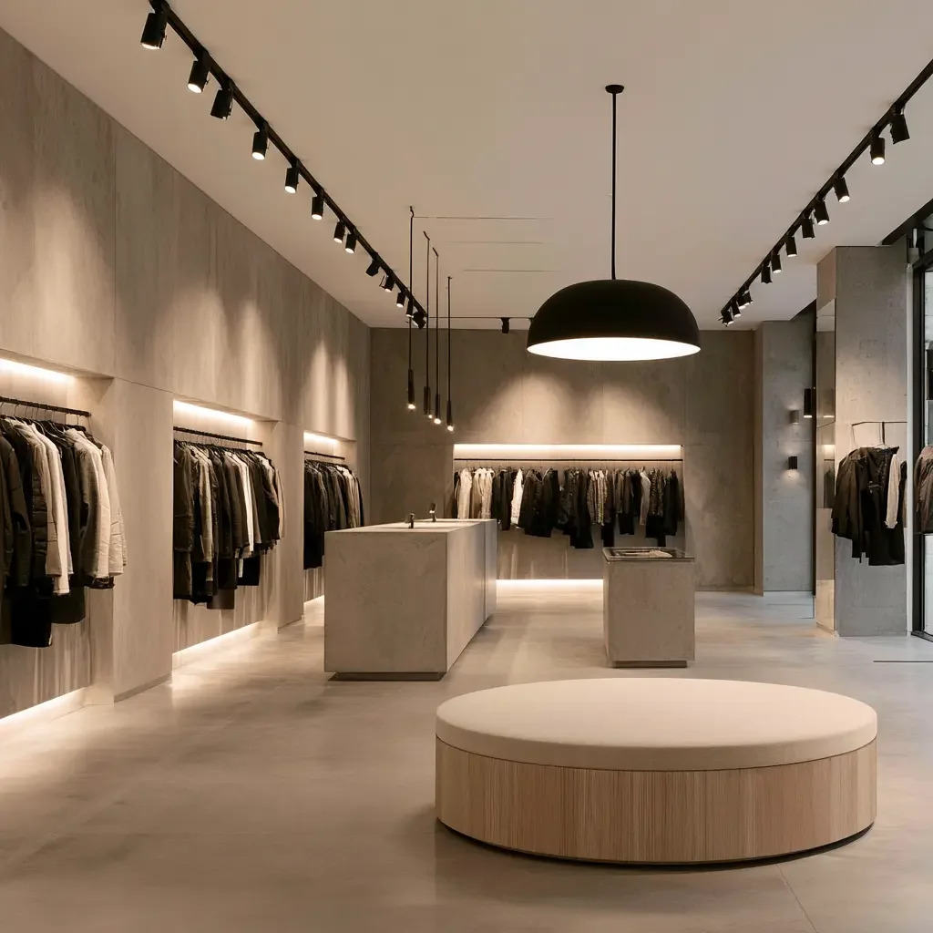 Boutique de vêtements pour homme au design sombre, plancher à chevrons et éclairage sur rail mettant les complets en valeur