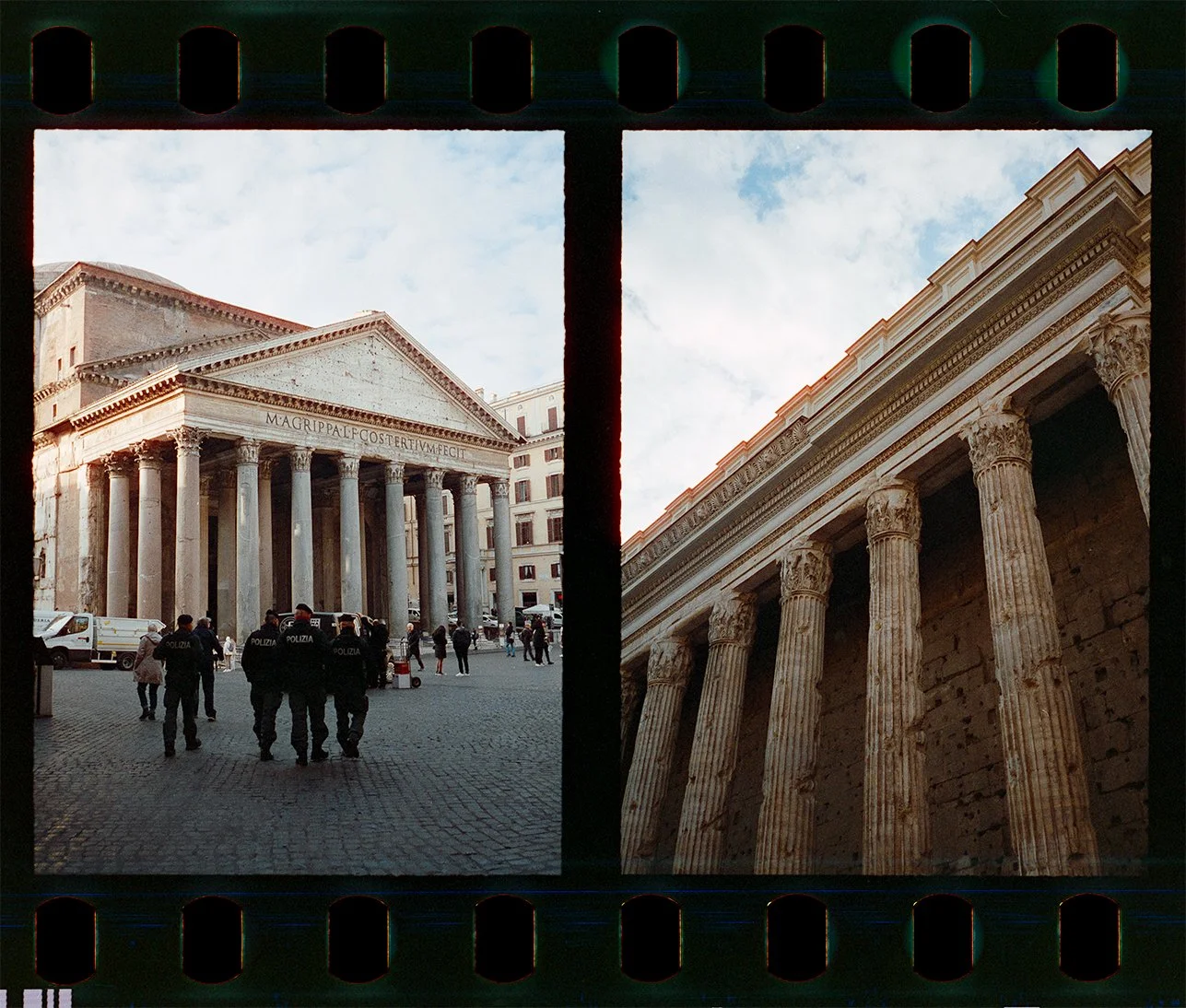 exterior of The Pantheon in Rome with a group of police officers patrolling on 35mm film Pentax 17