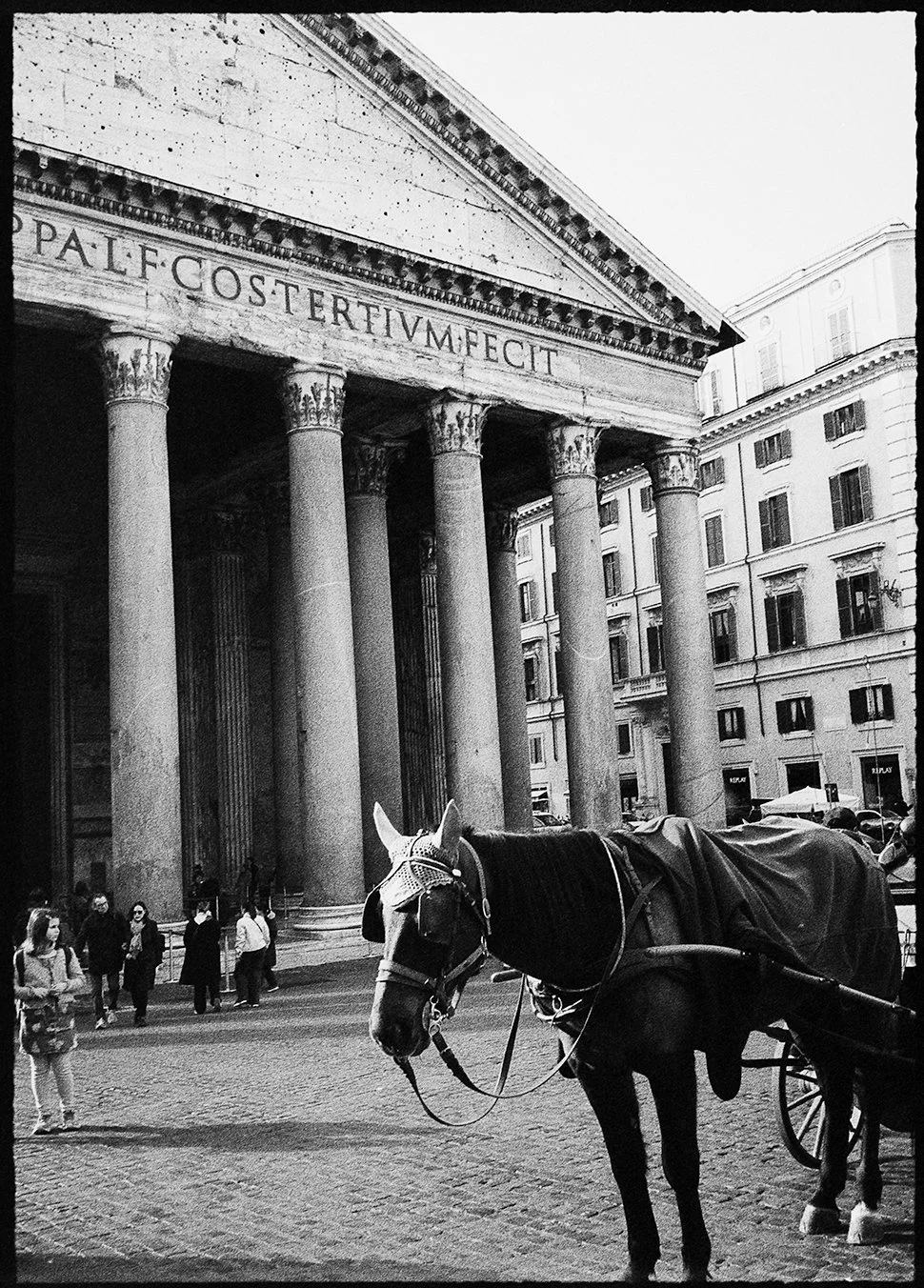 Fine art print of the exterior of the pantheon in Rome with horse a drawn carriage on 35mm film Pentax 17