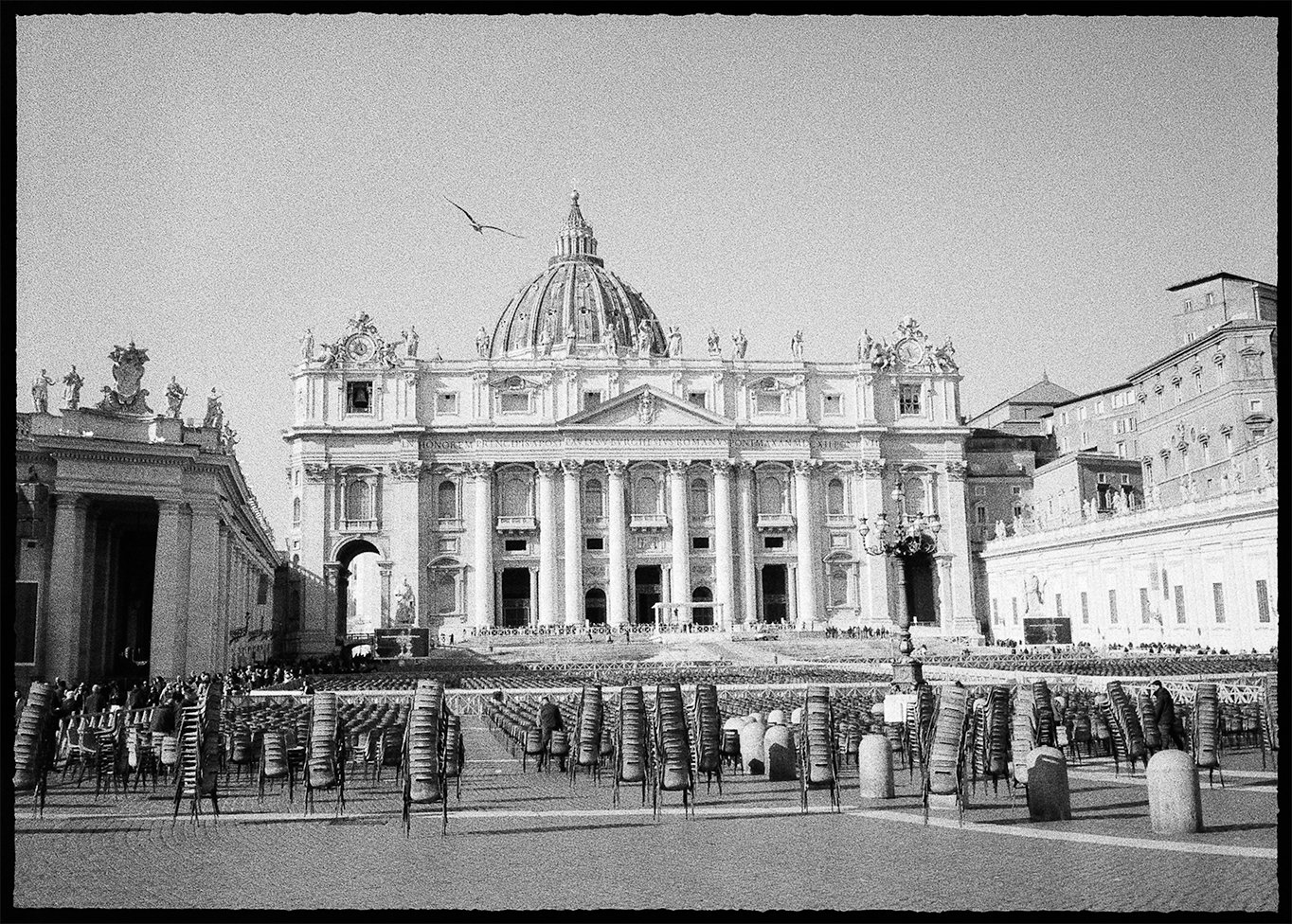 Fine art print of black and white photo of St. Peter's Basilica in Vatican City during 2025 Jubilee on 35mm film Pentax 17