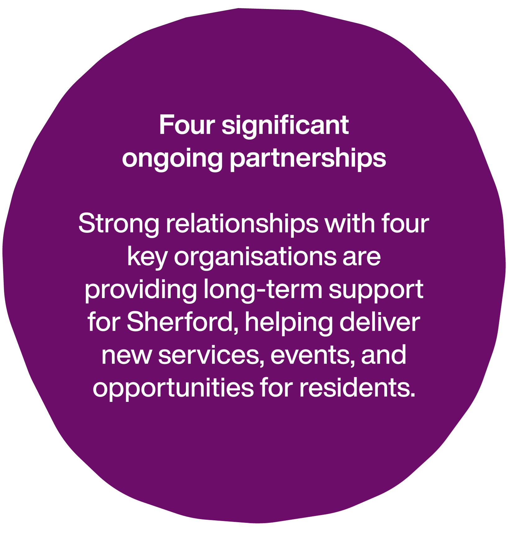 Purple circle with white text about four significant ongoing partnerships and long-term support for Sherford.