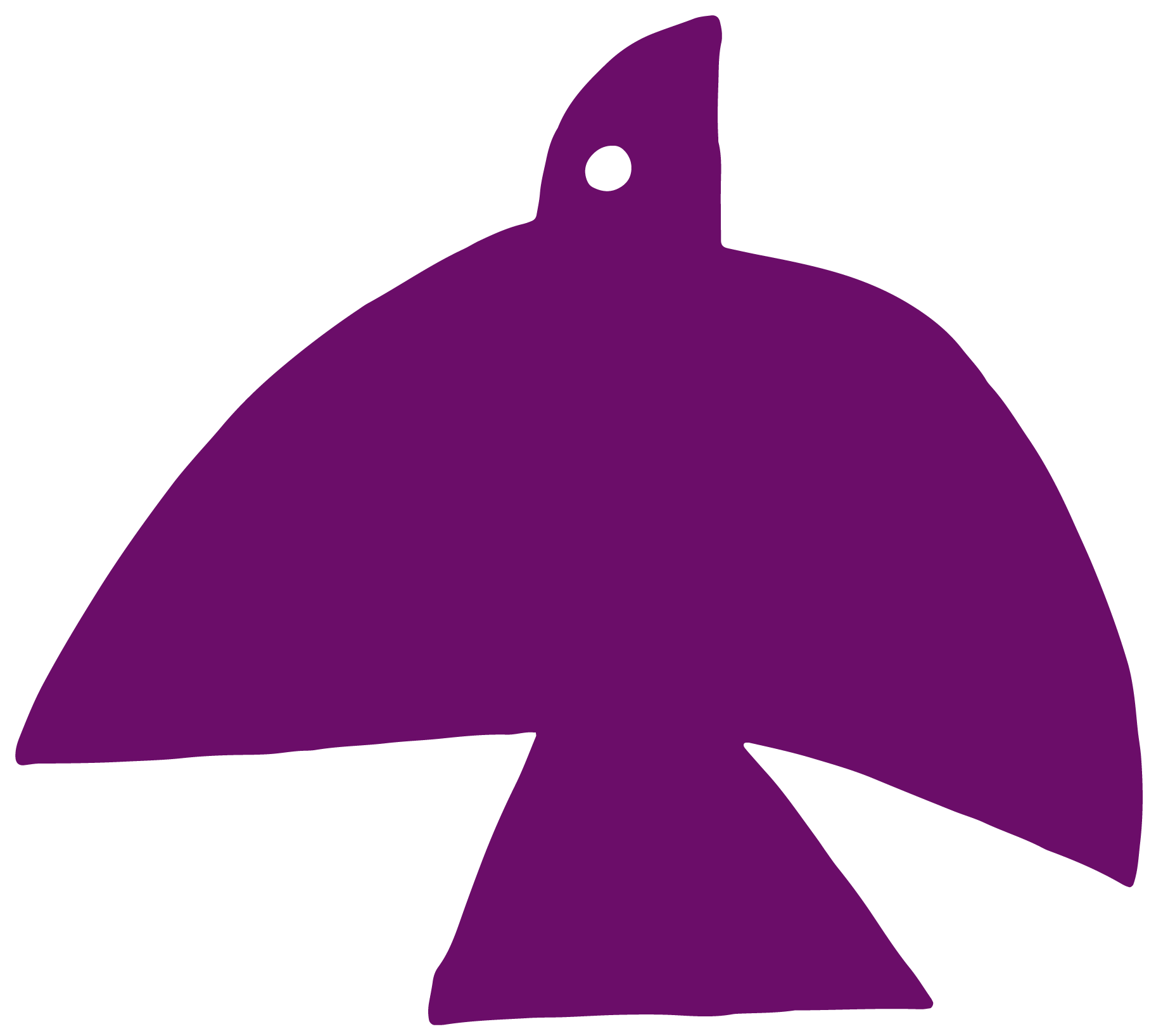 A purple stylized abstract bird silhouette with a small black eye, facing to the left.