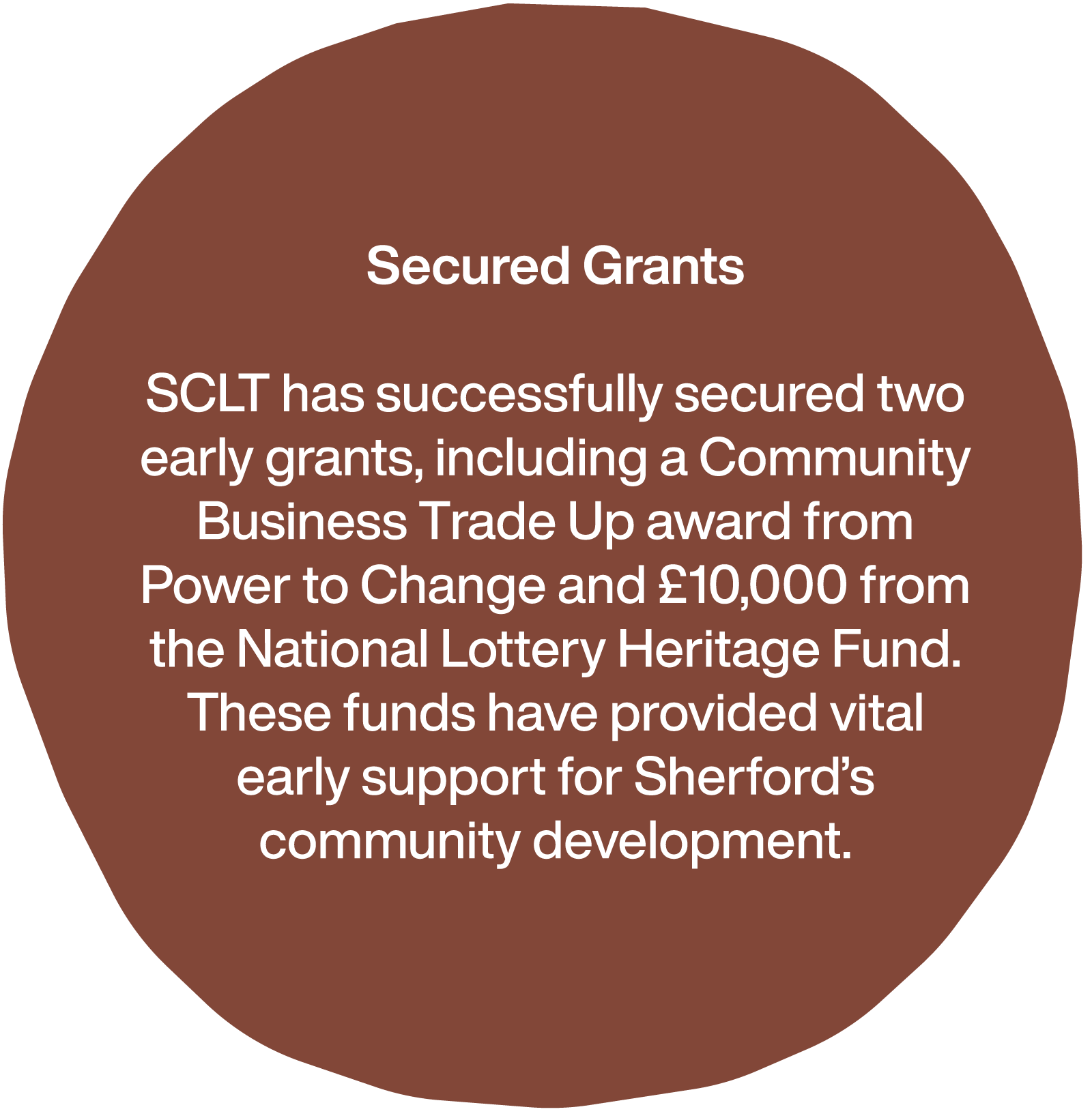 Text inside a brown circle with a black background about secured grants for Sherford community development, including specific grants from Power to Change and the National Lottery Heritage Fund.