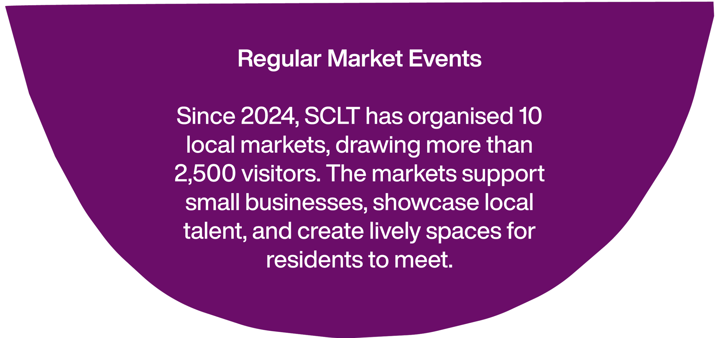 Purple semi-circular infographic section with white text about regular market events organized by SCLT since 2024, highlighting 10 local markets, attracting over 2,500 visitors, supporting small businesses, showcasing local talent, and creating lively spaces for residents to meet.