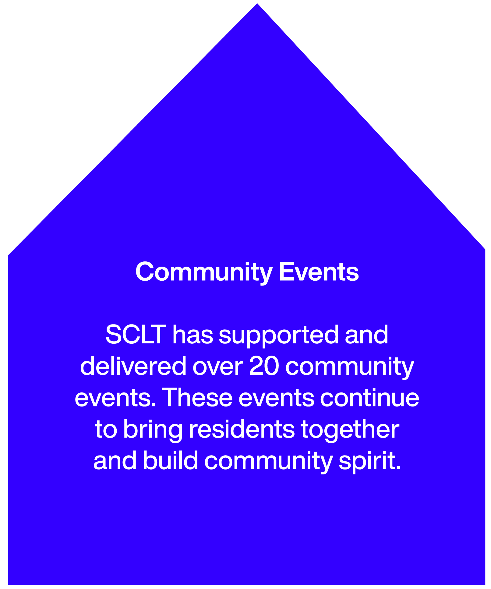 Blue diamond-shaped sign with white text about community events supported by SCLT, highlighting over 20 events that promote community spirit.