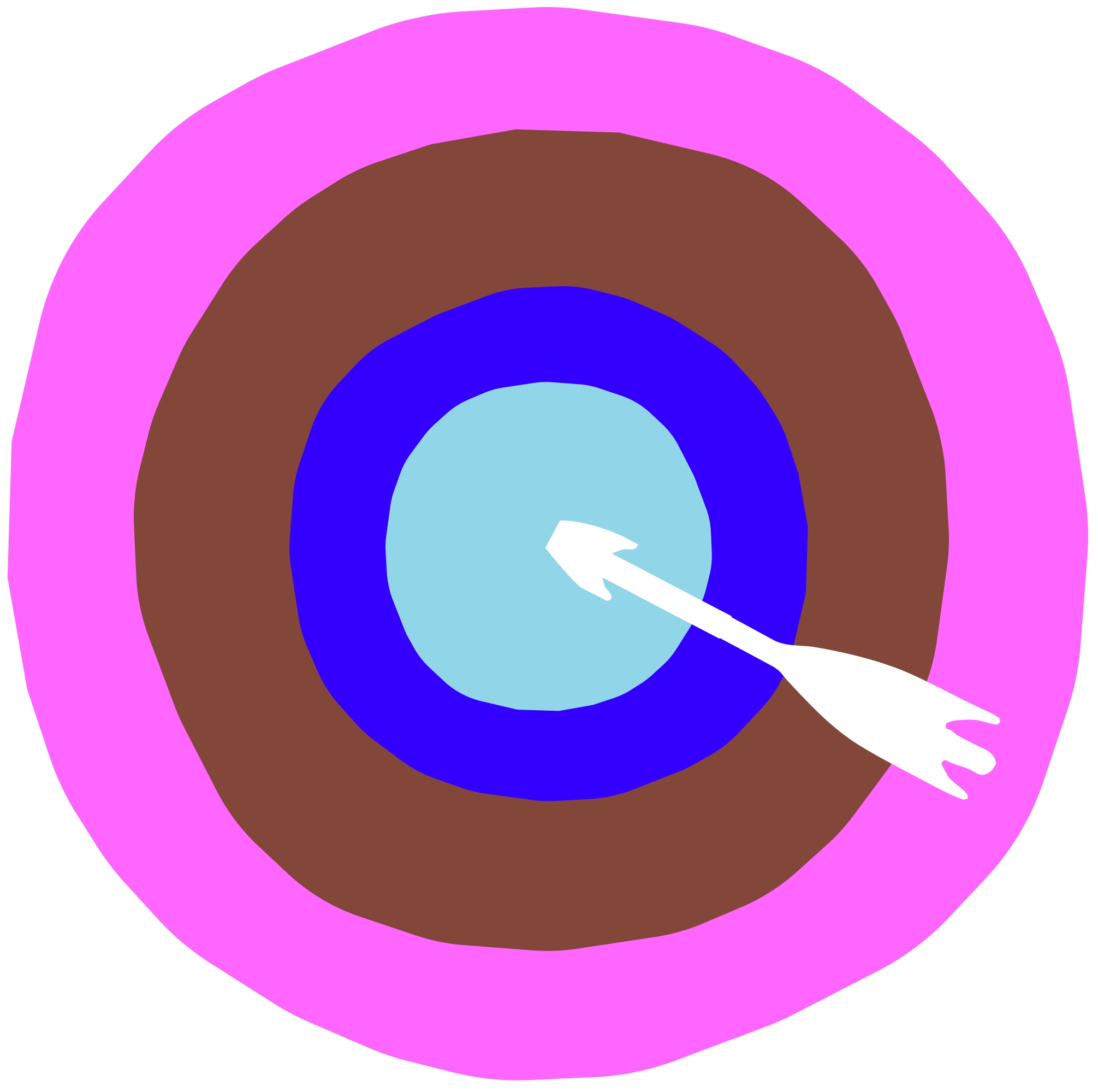 Illustration of a circular target with concentric rings in pink, brown, blue, and light blue, with a white arrow hitting the center of the target.