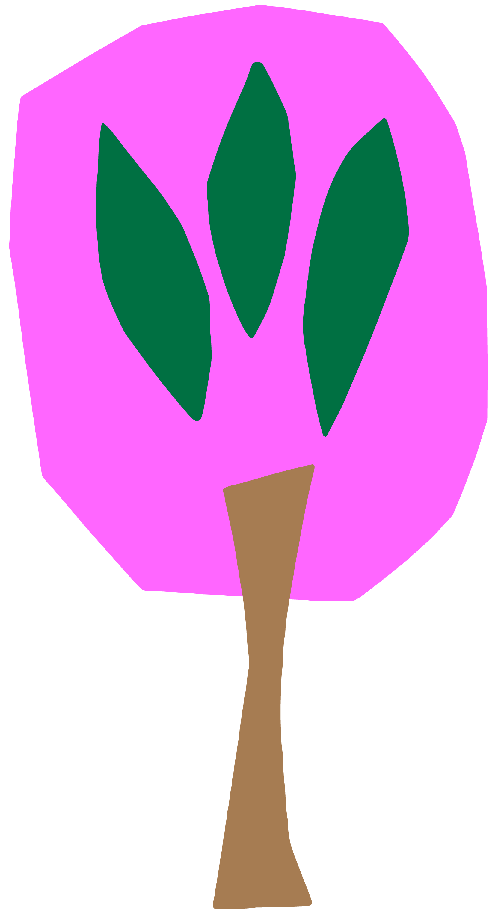 Simplified drawing of a flower with a pink rounded shape, three green leaves, and a brown stem.