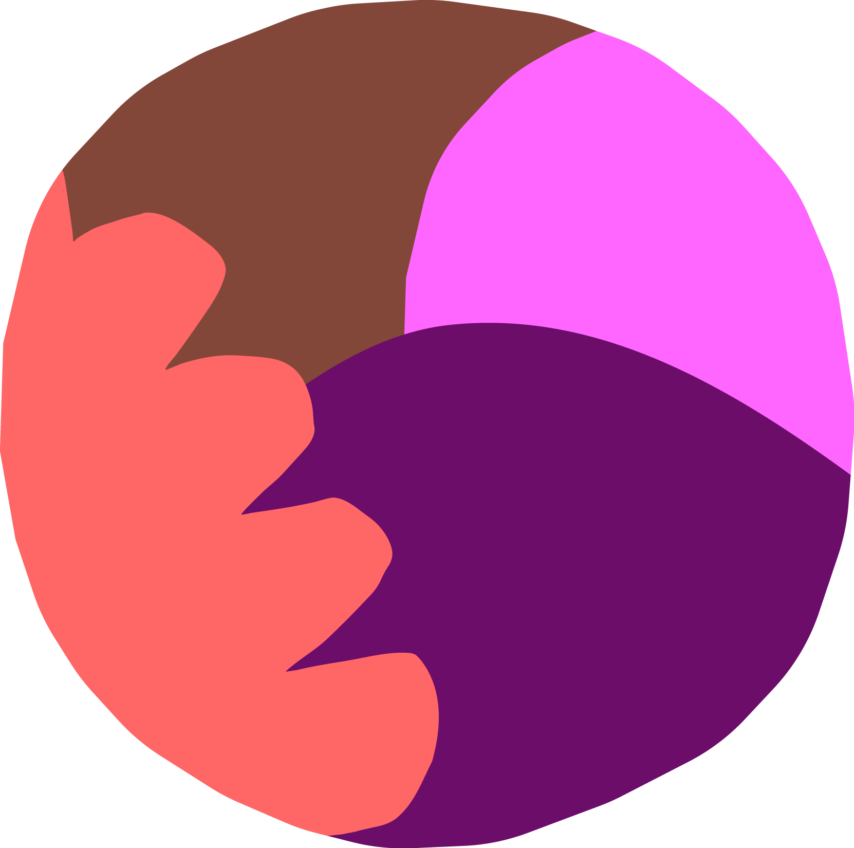 Abstract illustration with overlapping speech bubbles in shades of red, purple, pink, and brown.