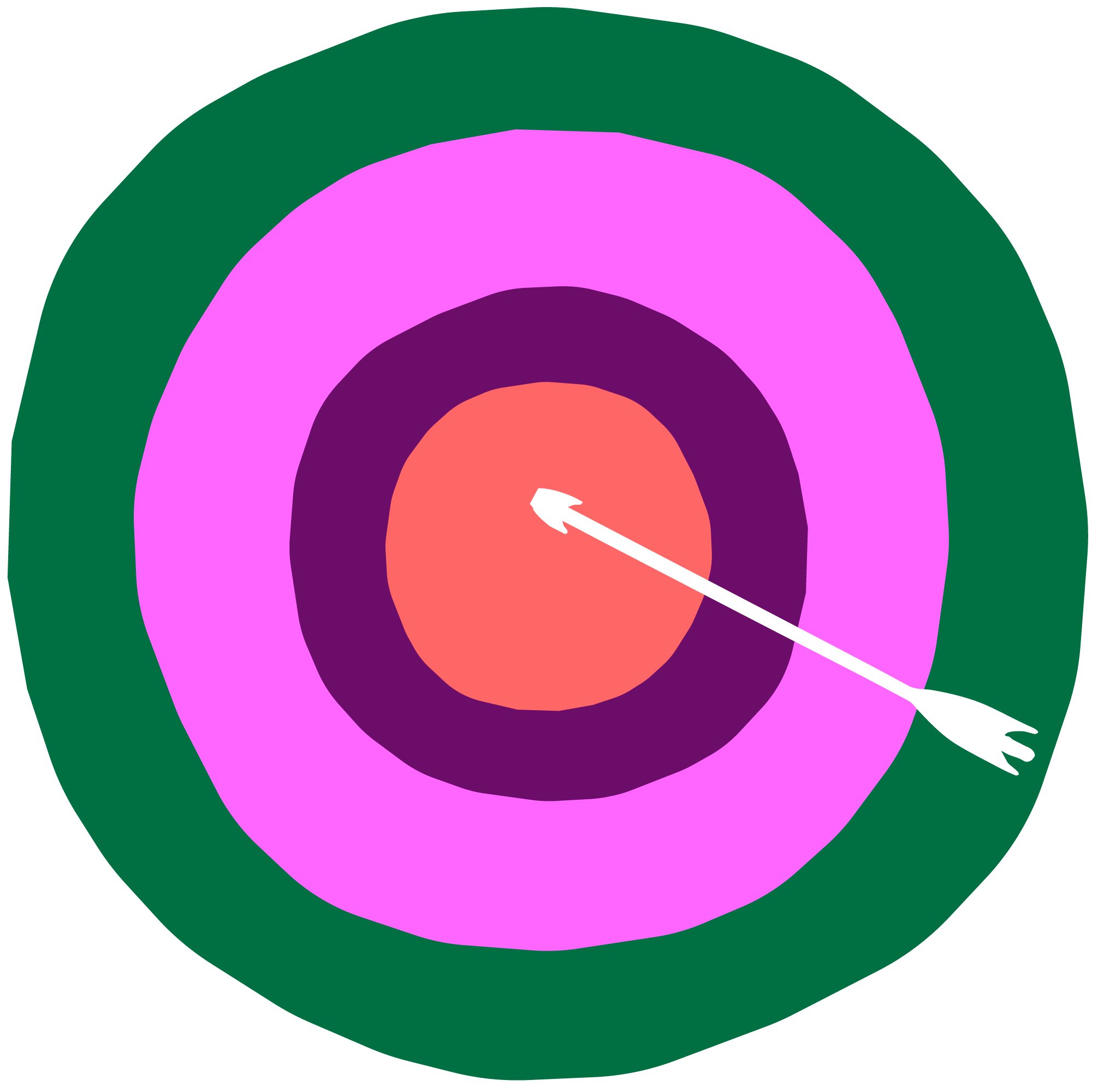 An archery target with concentric circles in orange, purple, pink, and green, and an arrow hitting the inner orange circle.