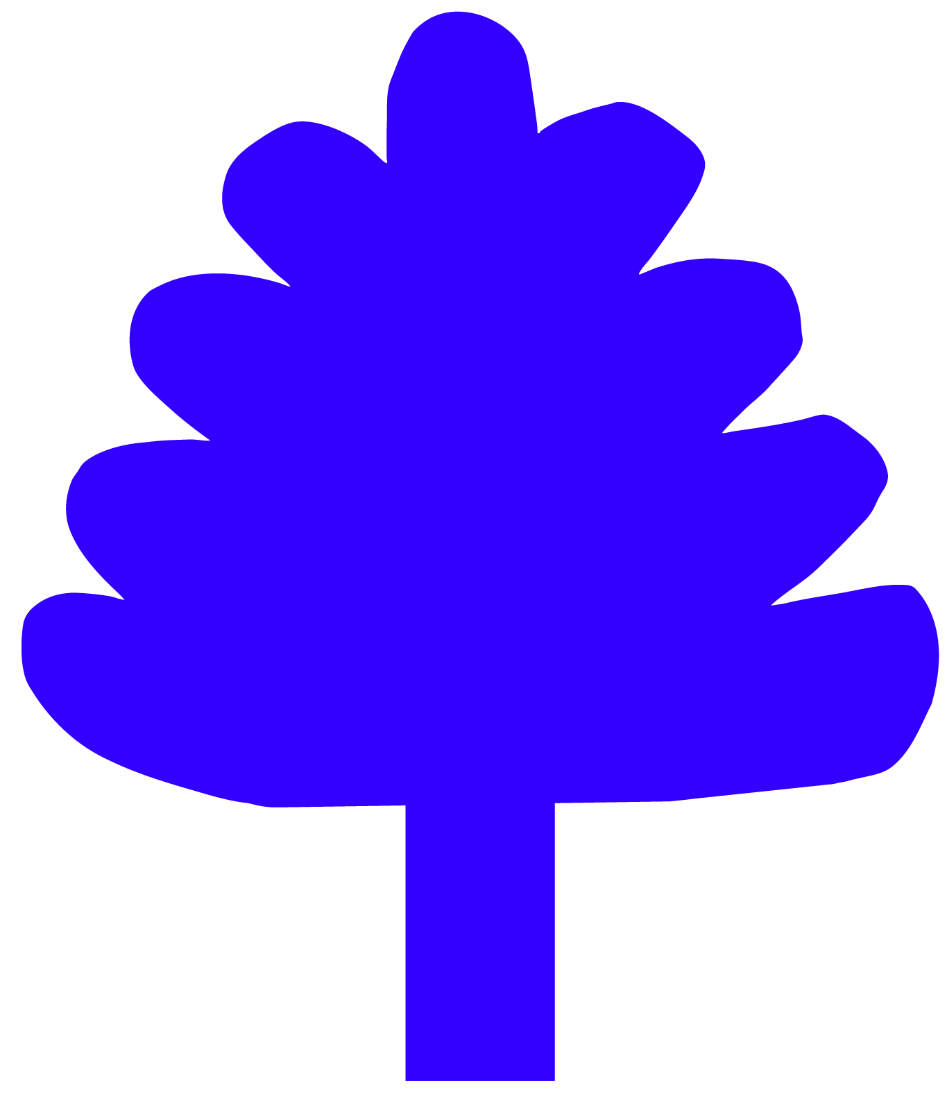 A solid blue silhouette of a pine tree with layered branches and a short trunk.