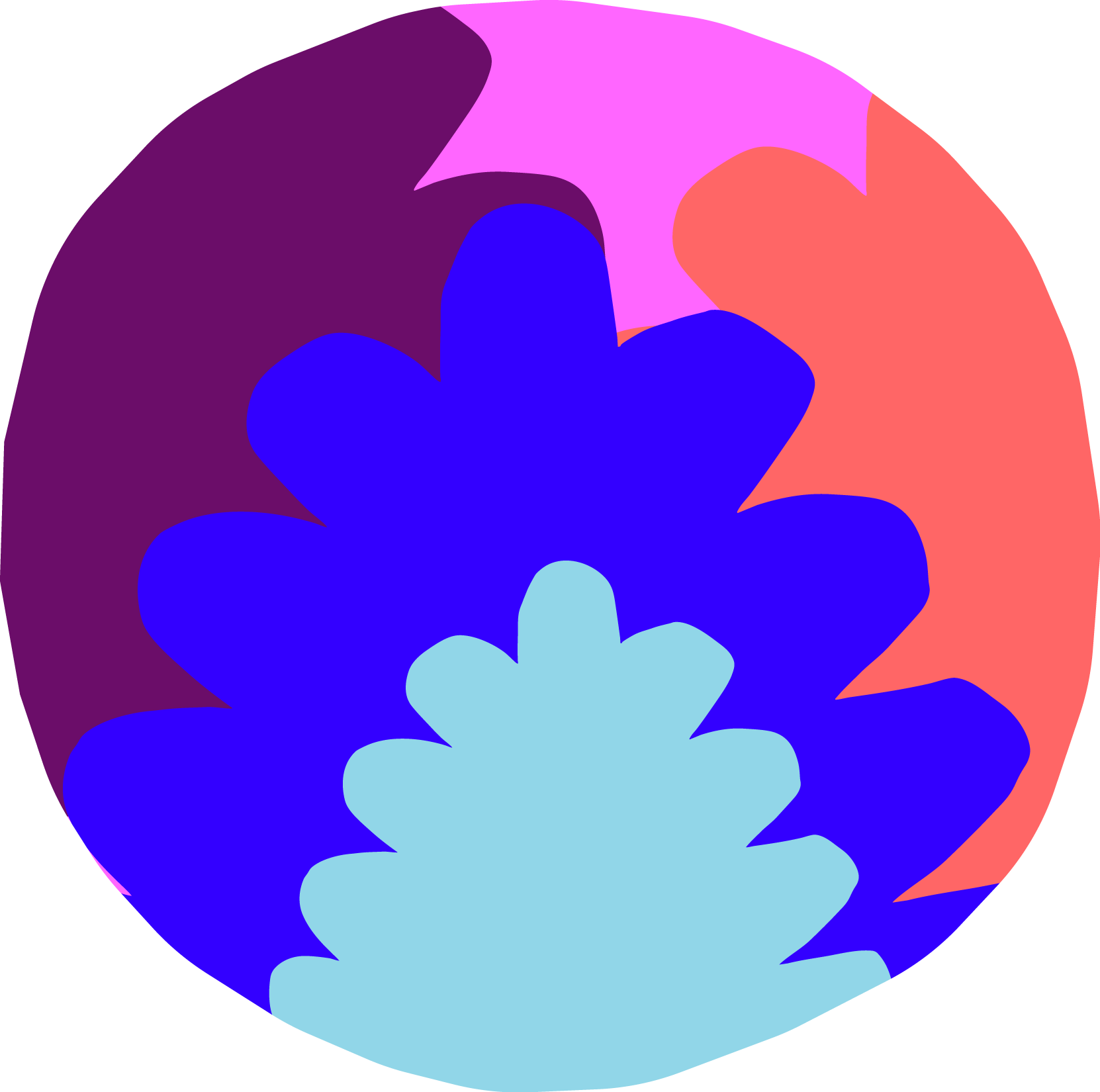 Colorful abstract illustration featuring stylized flower shapes in shades of blue, purple, pink, and coral.