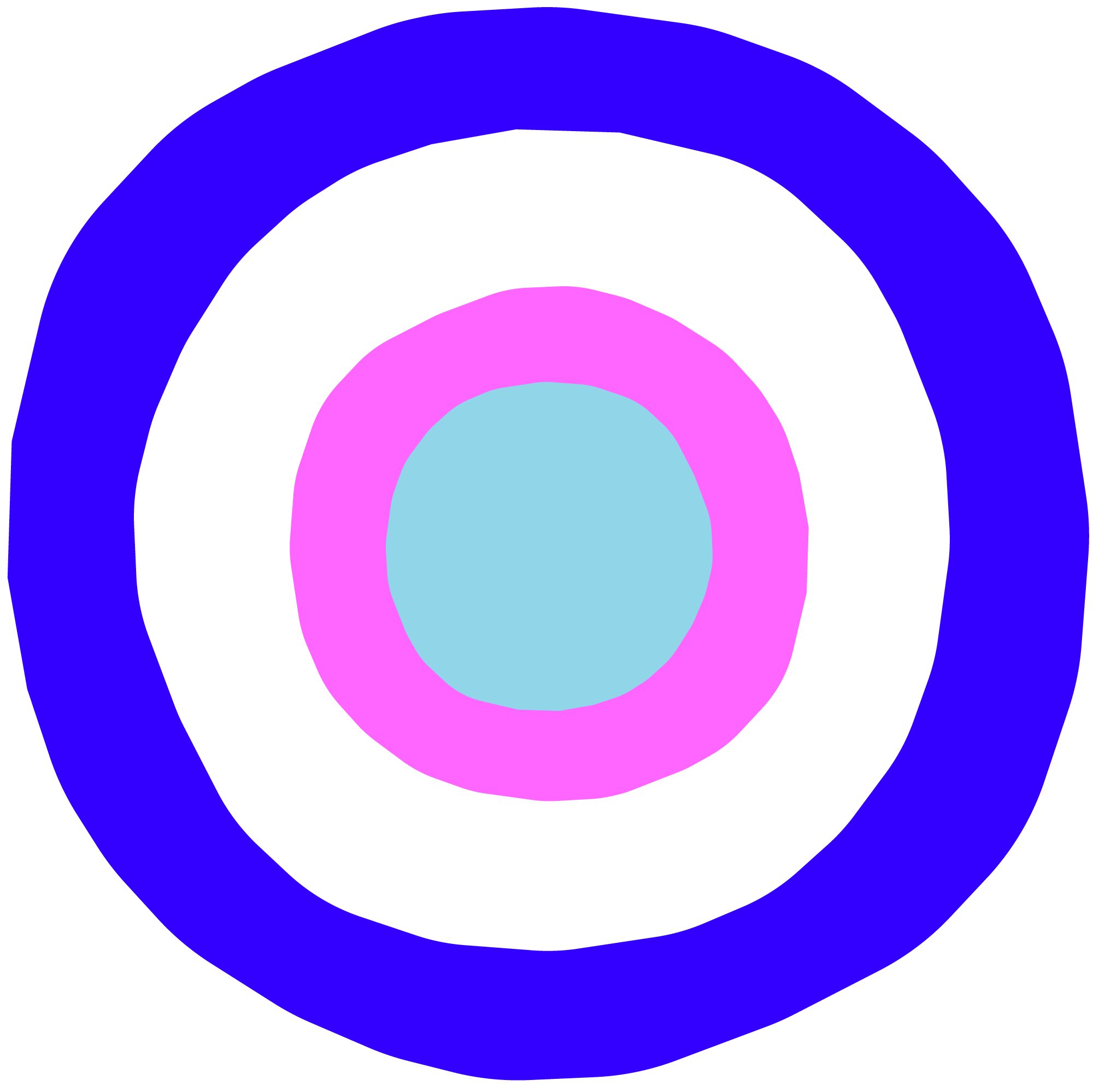 Colorful concentric circles in shades of blue, pink, white, and light blue on a black background.