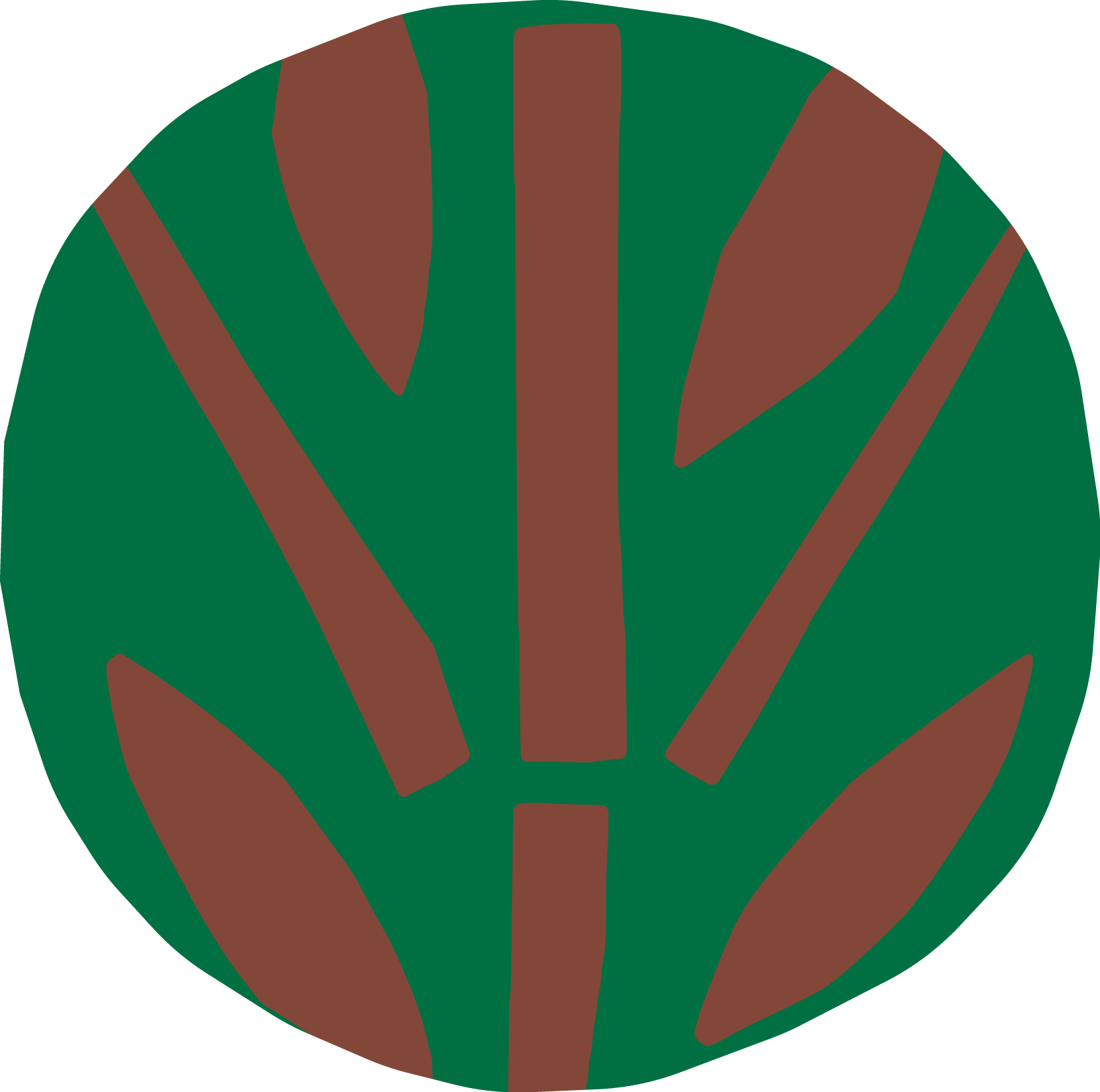 Simplified illustration of a green circular background with brown abstract lines and shapes resembling plant leaves or organic forms.