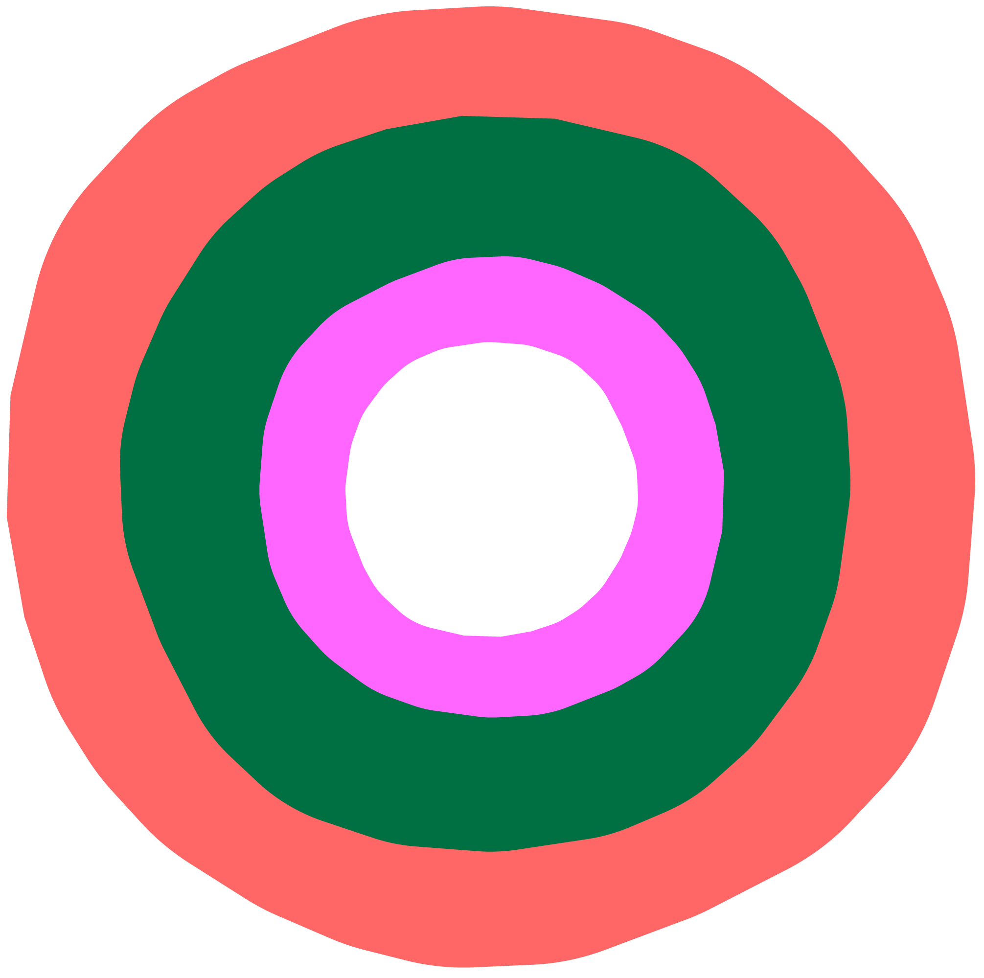 An abstract design consisting of concentric irregular circles in shades of pink, purple, green, and peach.