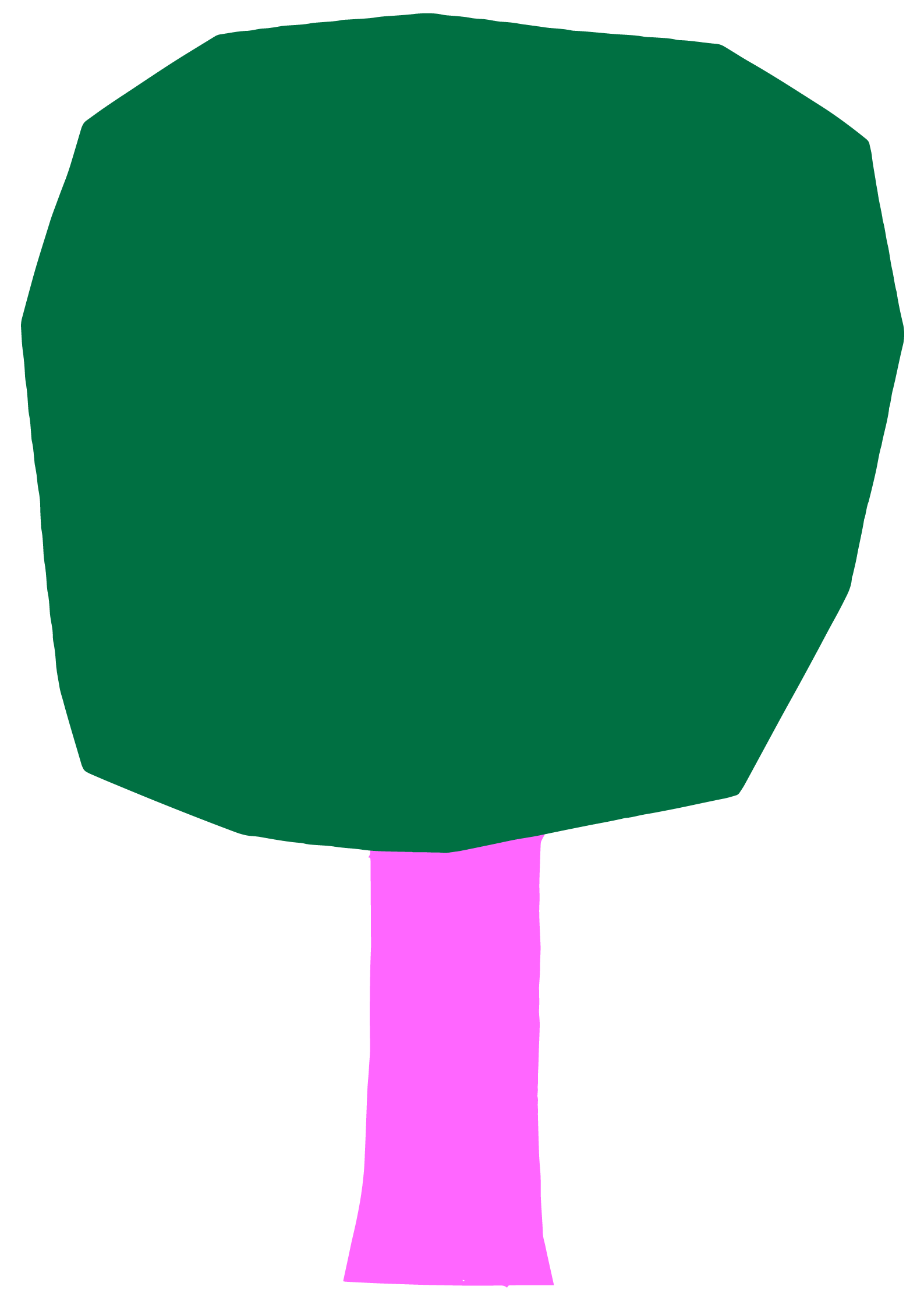 A simple drawing of a tree with a dark green, rounded, polygonal canopy and a pink trunk on a black background.