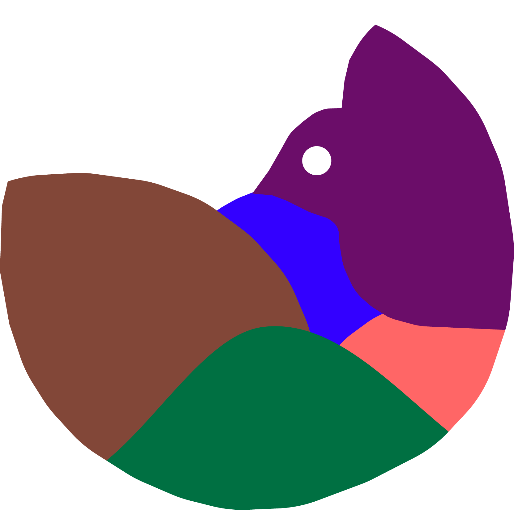 Illustration of a bird with a purple head and white eye surrounded by green, brown, pink, and purple shapes, resembling a stylized nature scene.