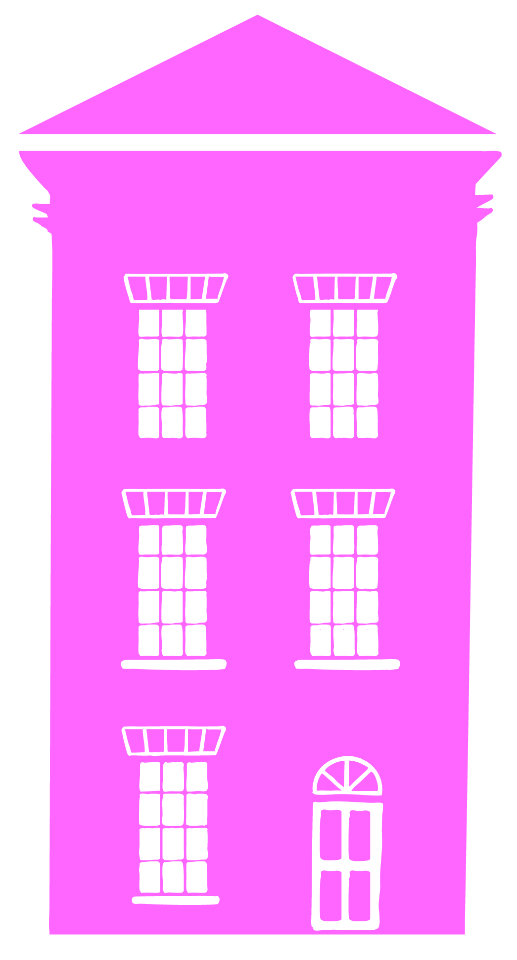Pink cartoon building with three floors, six windows with railings, and a door with a semi-circular window above.