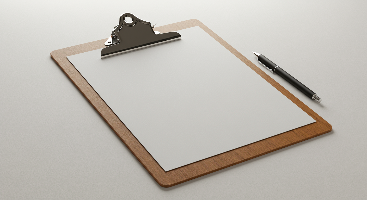 A blank sheet of white paper on a wooden clipboard with a black pen on a white surface.
