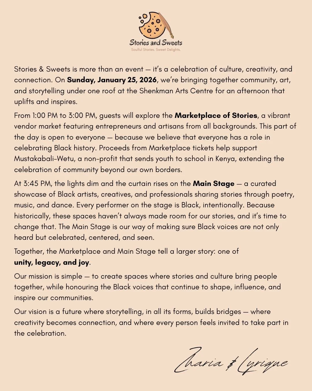 storiesandsweets.eventbrite.ca

Event Details

📅 Date: Sunday, January 25, 2026

🕐 Time: 1:00 PM &ndash; 5:00 PM

📍 Location: Shenkman Arts Centre, Ottawa

🎭 Marketplace of Stories: 1:00 PM &ndash; 3:00 PM

🎤 Main Stage Program: 3:45 PM &ndash; 