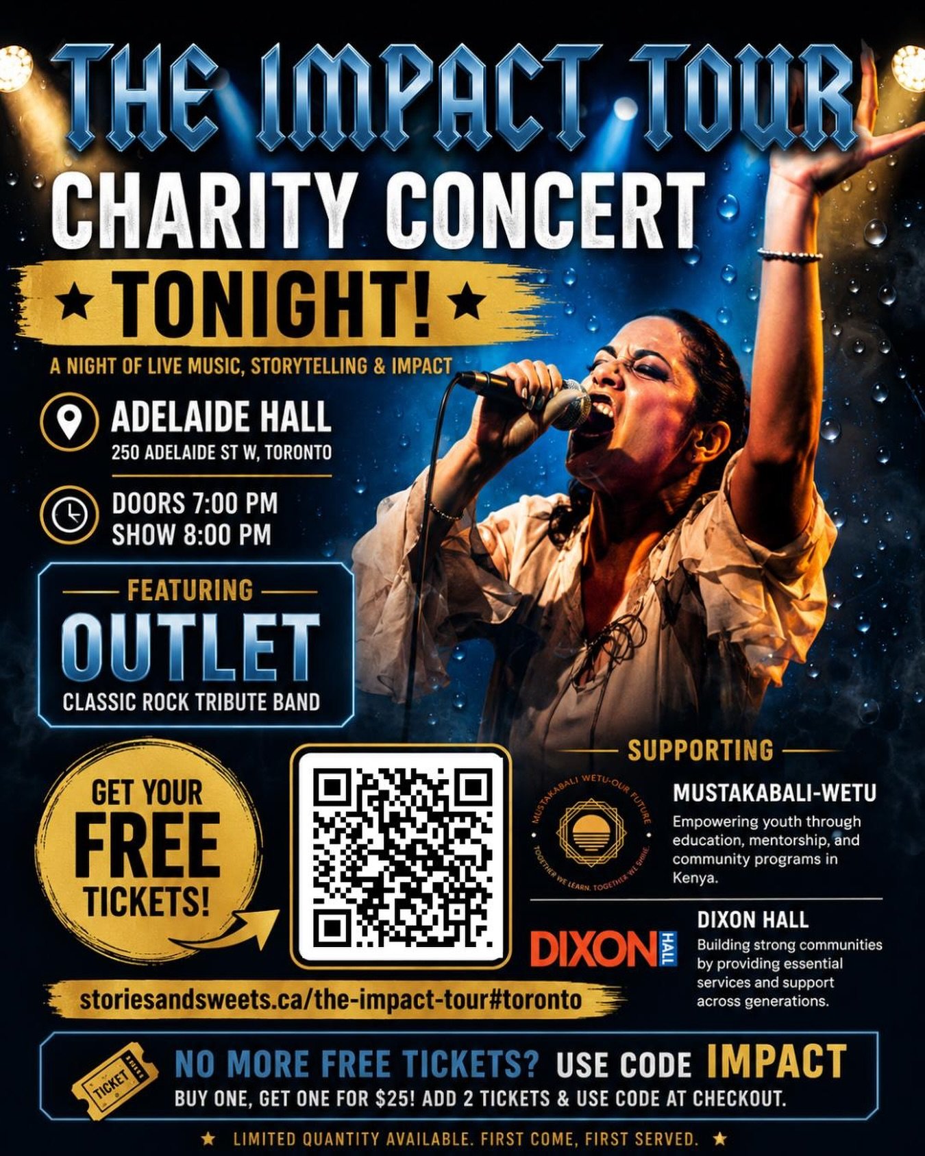 🎶 TONIGHT IN TORONTO! 🎶

Join us for the Whispers in the Rain: The Impact Tour Charity Concert &amp; Fundraiser at Adelaide Hall.

Featuring a live performance by Outlet &ndash; Classic Rock Tribute Band, this evening brings together music, storyte