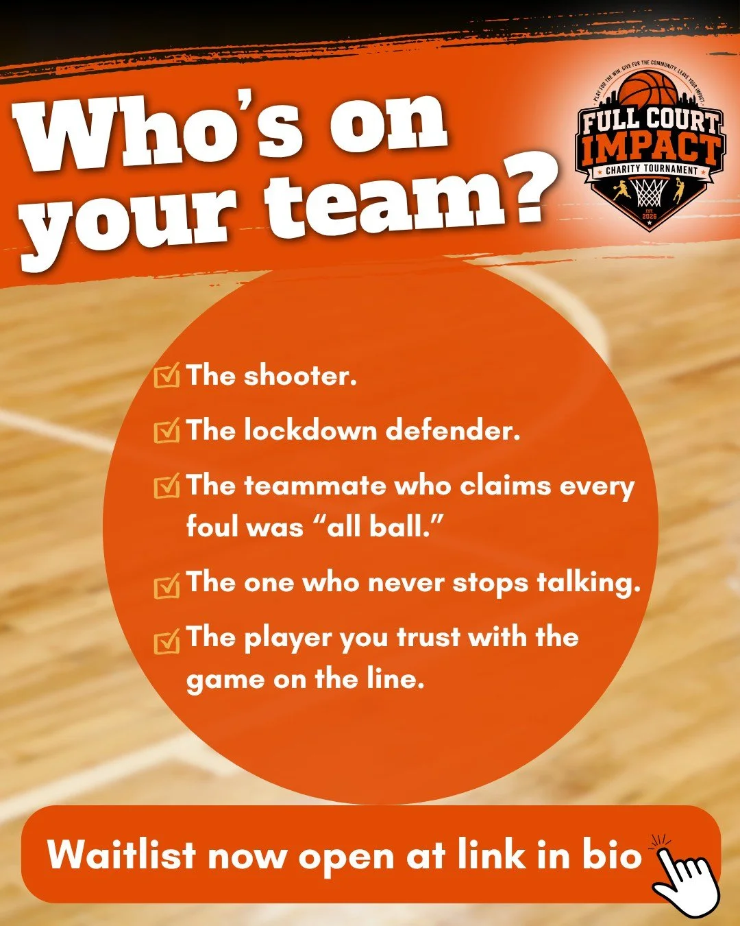 Who are you calling when it&rsquo;s time to build your Full Court Impact squad? 👀🏀

The shooter.
The lockdown defender.
The teammate who claims every foul was &ldquo;all ball.&rdquo;
The one who never stops talking.
And the player you trust with th
