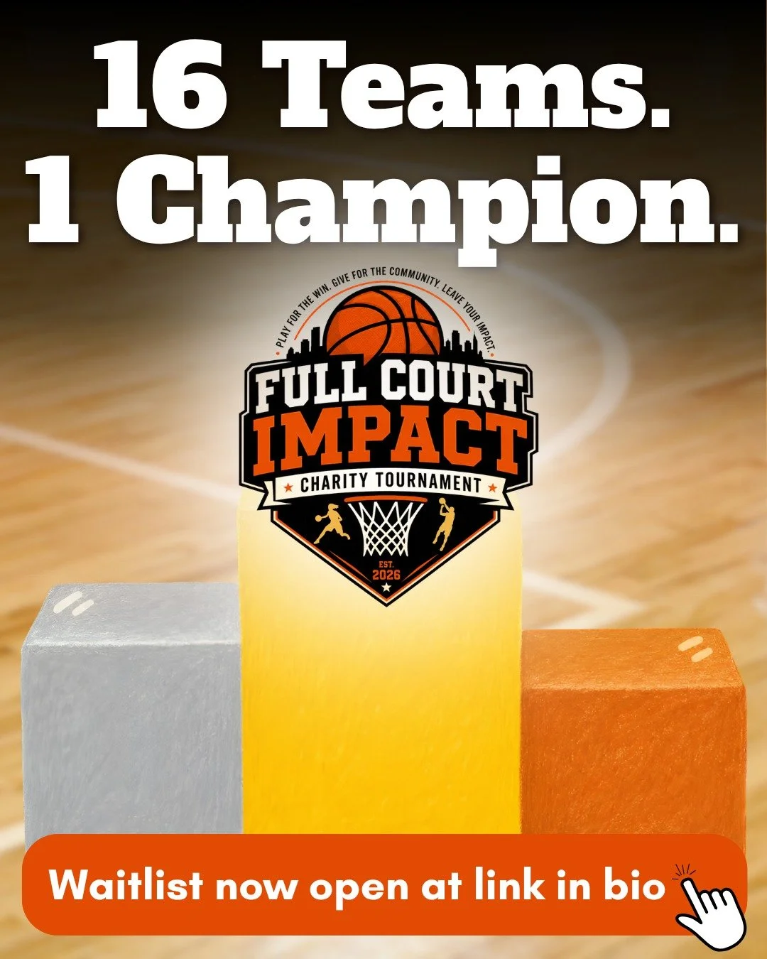 There will only ever be one first Full Court Impact Champion. 🏆

16 teams.
4 pools.
A playoff run.
One inaugural champion.

But every team that takes the court gets the opportunity to leave an impact.

Full Court Impact is being built to turn our lo