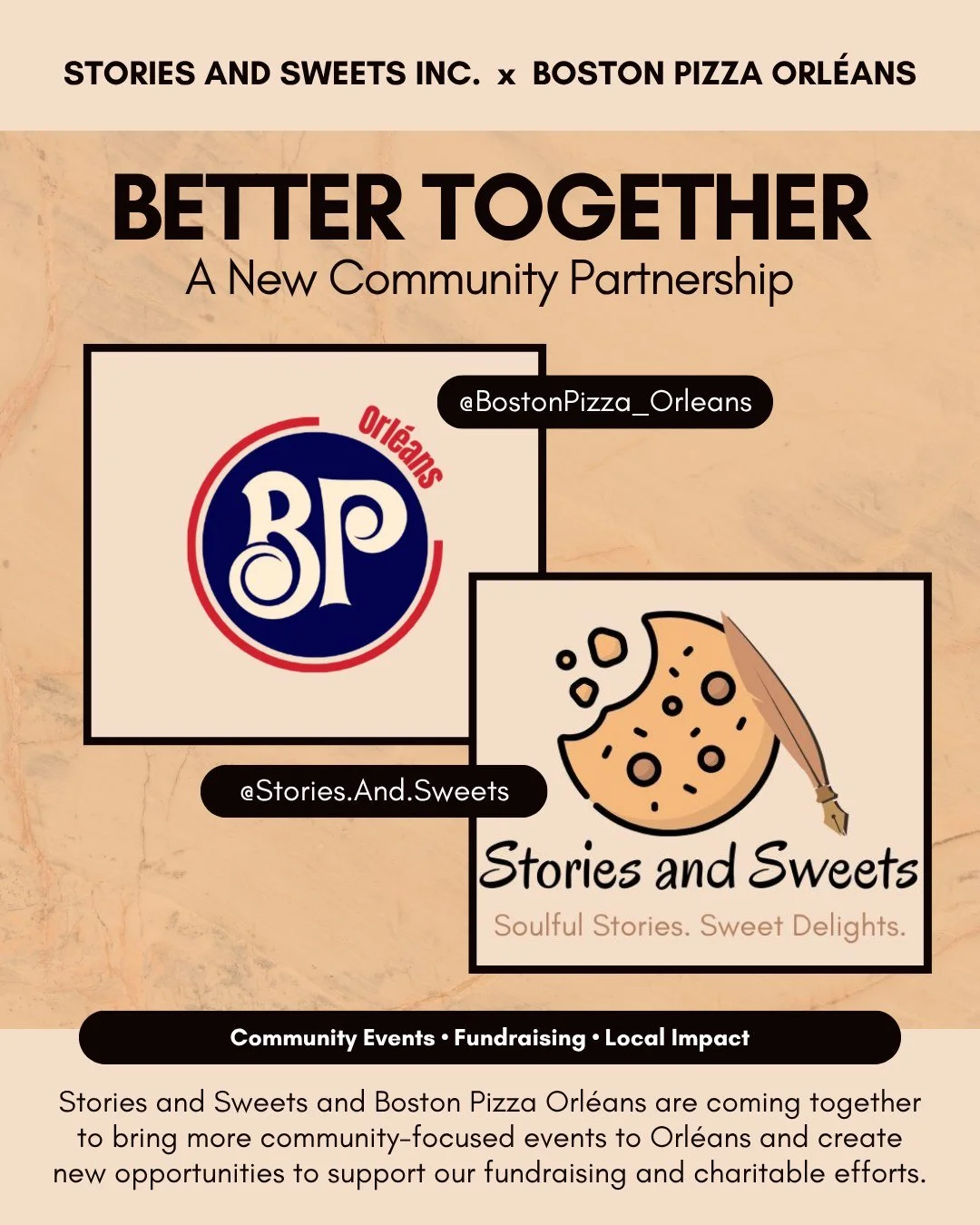 🍕🤝 COMMUNITY JUST GOT A LITTLE STRONGER.

Stories and Sweets is excited to officially announce our partnership with @bostonpizza_orleans! ❤️

At @stories.and.sweets, so much of what we do is rooted in bringing people together, creating meaningful e
