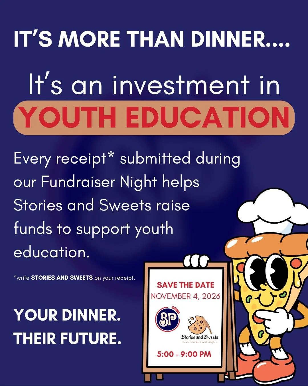 🎓 THIS IS ABOUT MORE THAN DINNER.

On November 4, we&rsquo;re gathering around the table at @bostonpizza_orleans for something bigger than a night out. 🍕❤️

We&rsquo;re raising funds in support of 𝘆𝗼𝘂𝘁𝗵 𝗲𝗱𝘂𝗰𝗮𝘁𝗶𝗼𝗻.

At @stories.and.swe