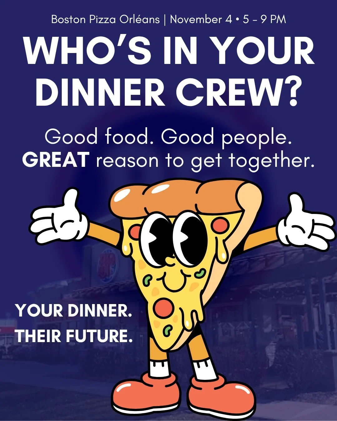 🍕 GROUP CHAT, THIS ONE&rsquo;S FOR YOU.

Consider this your official reason to get everyone together for dinner. 👀

On November 4, @stories.and.sweets and @bostonpizza_orleans are inviting you to grab your friends, family, coworkers, teammates, or 