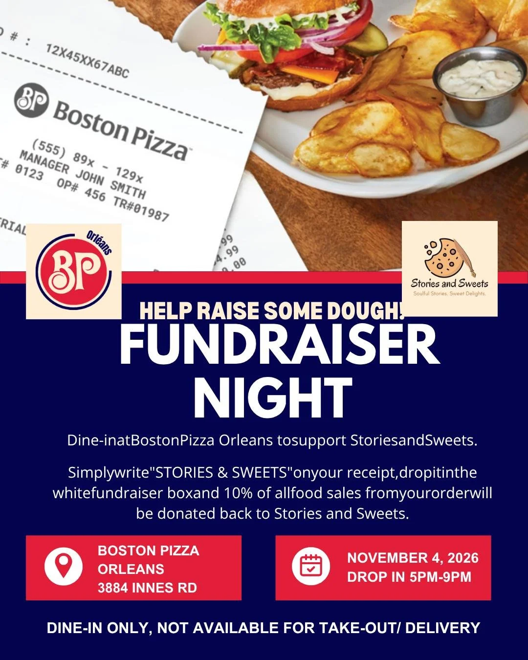 Dinner plans for November 4? We&rsquo;ve got you. 🍕❤️

Stories and Sweets is teaming up with Boston Pizza Orl&eacute;ans for a Fundraiser Night, and supporting us is as simple as going out for dinner!

Join us at Boston Pizza Orl&eacute;ans, 3884 In