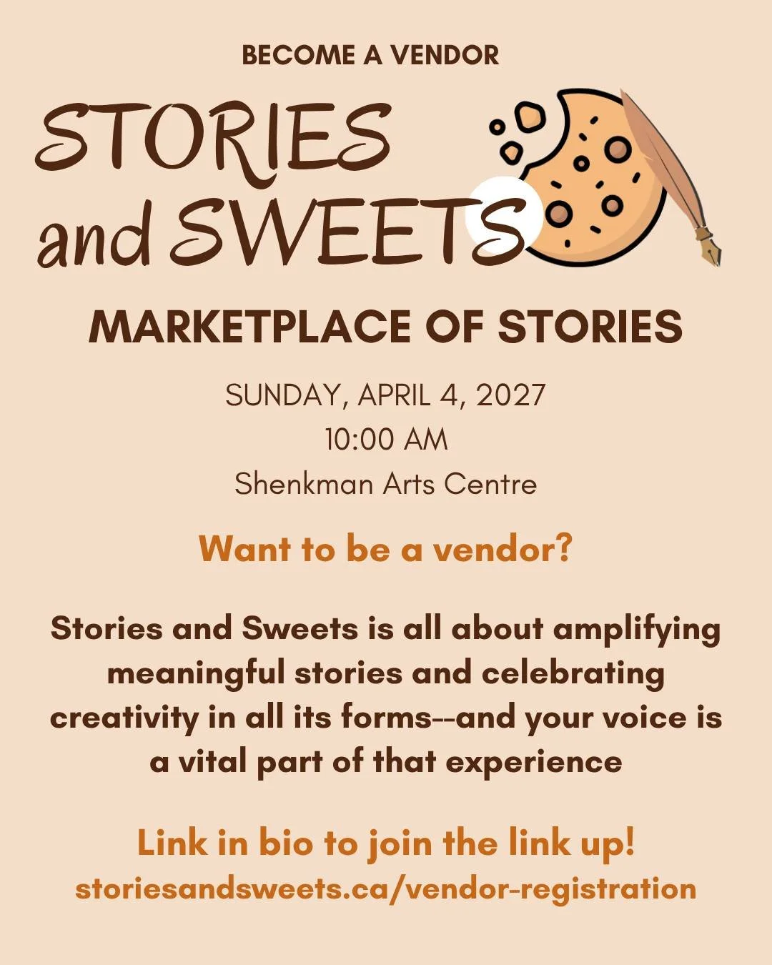 Your business deserves to be discovered. ✨

Vendor registration is now open for Stories and Sweets: Marketplace of Stories, taking place on April 4, 2027, at the Shenkman Arts Centre in Ottawa!

We're bringing together entrepreneurs, artists, authors