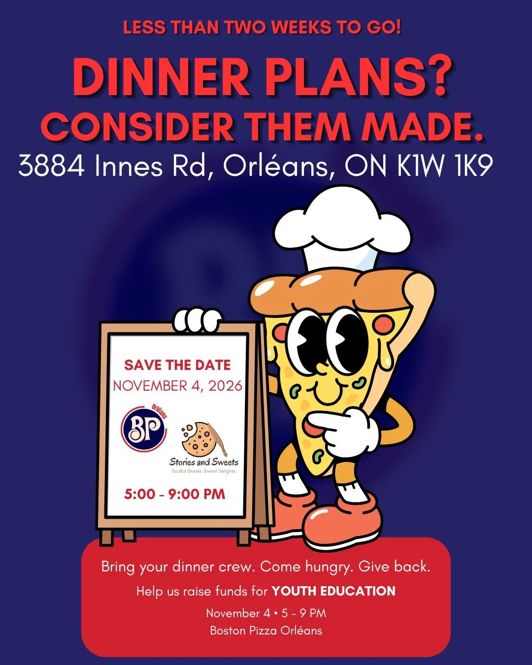 📅🍕 𝗗𝗜𝗡𝗡𝗘𝗥 𝗣𝗟𝗔𝗡𝗦? 𝗖𝗢𝗡𝗦𝗜𝗗𝗘𝗥 𝗧𝗛𝗘𝗠 𝗠𝗔𝗗𝗘.

We&rsquo;re officially less than two weeks away from Fundraiser Night with @stories.and.sweets &times; @bostonpizza_orleans! ❤️

So if November 4 is still looking a little empty on yo
