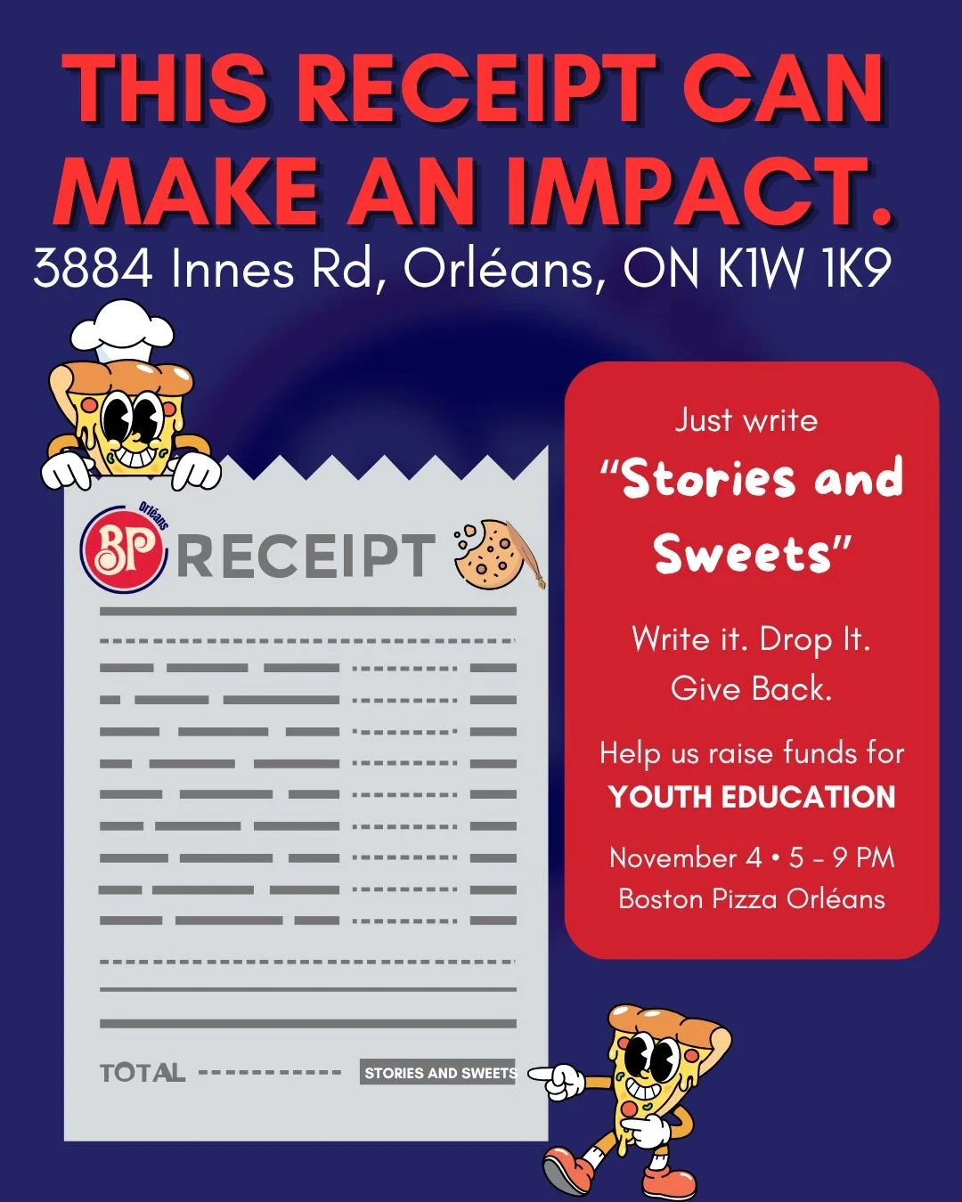🧾 𝗬𝗘𝗦, 𝗪𝗘&rsquo;𝗥𝗘 𝗚𝗢𝗜𝗡𝗚 𝗧𝗢 𝗞𝗘𝗘𝗣 𝗥𝗘𝗠𝗜𝗡𝗗𝗜𝗡𝗚 𝗬𝗢𝗨 😉 

Because on November 4, there are three words we need everyone walking into @bostonpizza_orleans to remember:
✍🏾 𝗦𝗧𝗢𝗥𝗜𝗘𝗦 &amp; 𝗦𝗪𝗘𝗘𝗧𝗦

Having dinner is on