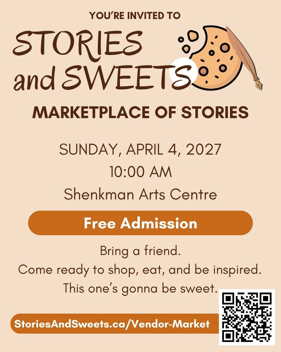 Ottawa, you're invited! 🍪✨

Stories and Sweets is bringing Marketplace of Stories to the Shenkman Arts Centre on Sunday, April 4, 2027!

Join us for a family-friendly celebration of storytelling in all its forms, featuring local businesses, creative