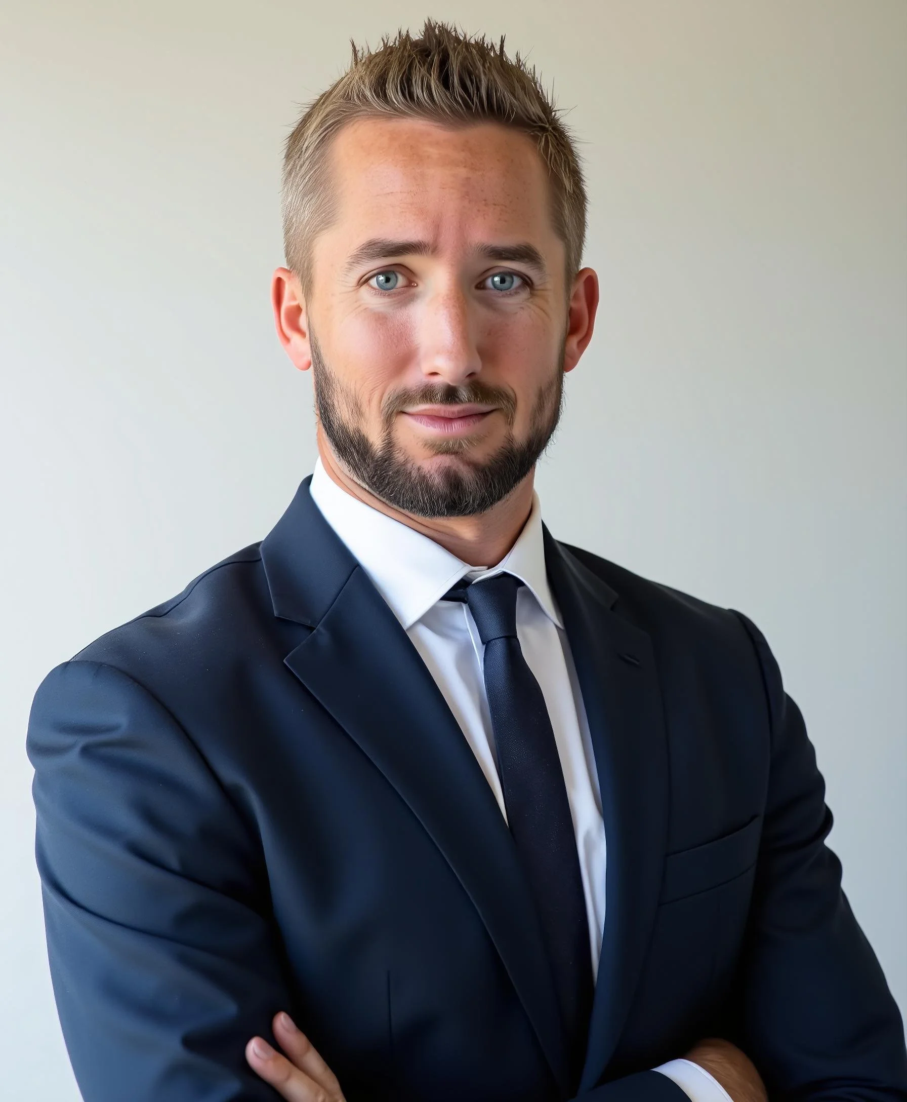 A man in a dark suit, white shirt, and matching dark tie posing with arms crossed against a plain background.