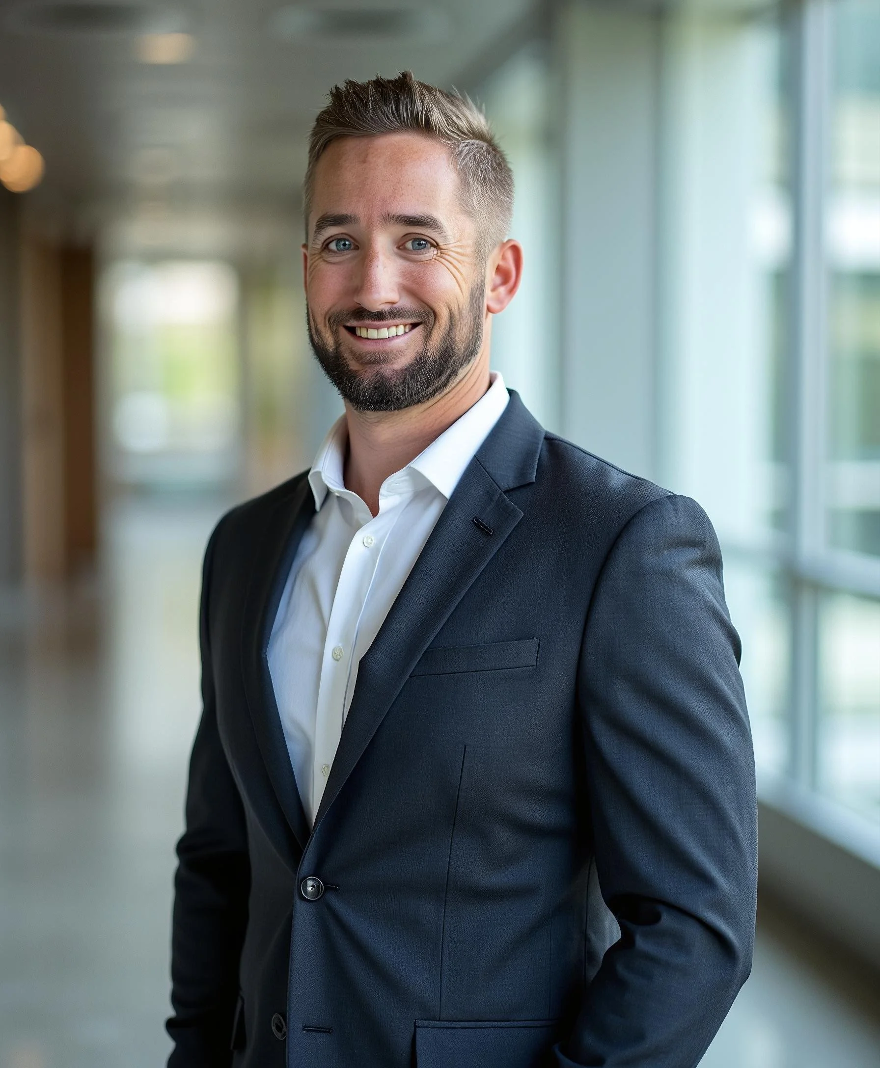 A smiling man with a beard and blue eyes in a dark suit and white shirt, standing in a bright, modern office corridor with large windows.