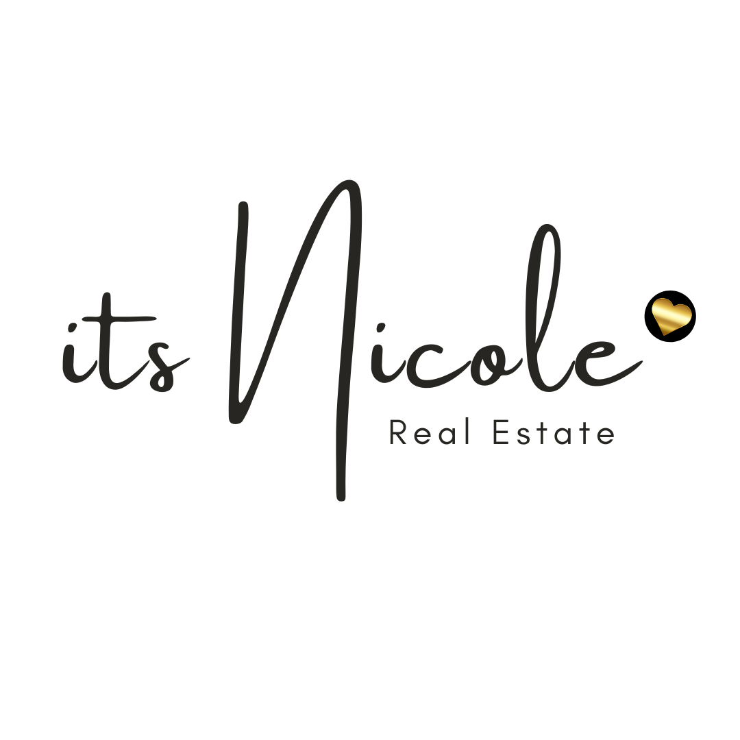 Logo for Nicole's Real Estate featuring a black background, elegant script font, and a small gold heart.
