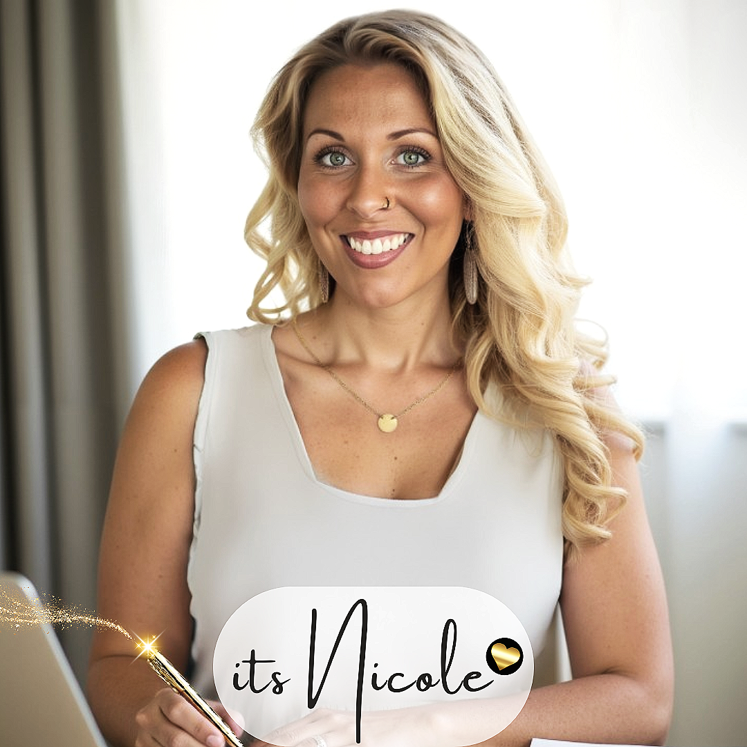 A woman with blonde curly hair, blue eyes, and a nose ring smiling while holding a smartphone. She is wearing a white sleeveless top, earrings, a gold necklace, and a black and gold heart-shaped ring. The background is bright and blurred. The text 'its Nicole' with a gold heart is overlaid on the image.