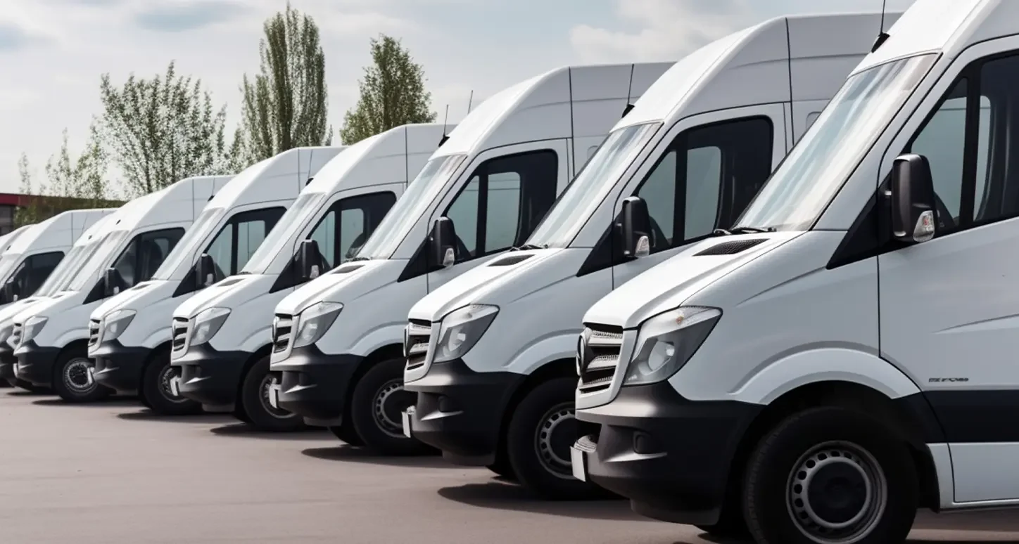 Line of white cargo vans parked outdoors with trees in the background.