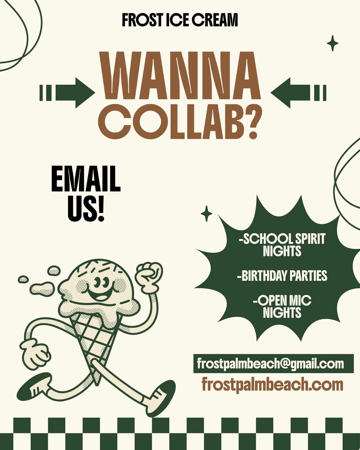 You name it, we can do it!! 💚🤎

Office ice cream socials, school spirit nights, sports concession stands. Anywhere you want ice cream we can make it happen! Email or message us on instagram and we&rsquo;d love to collaborate with you and make your 