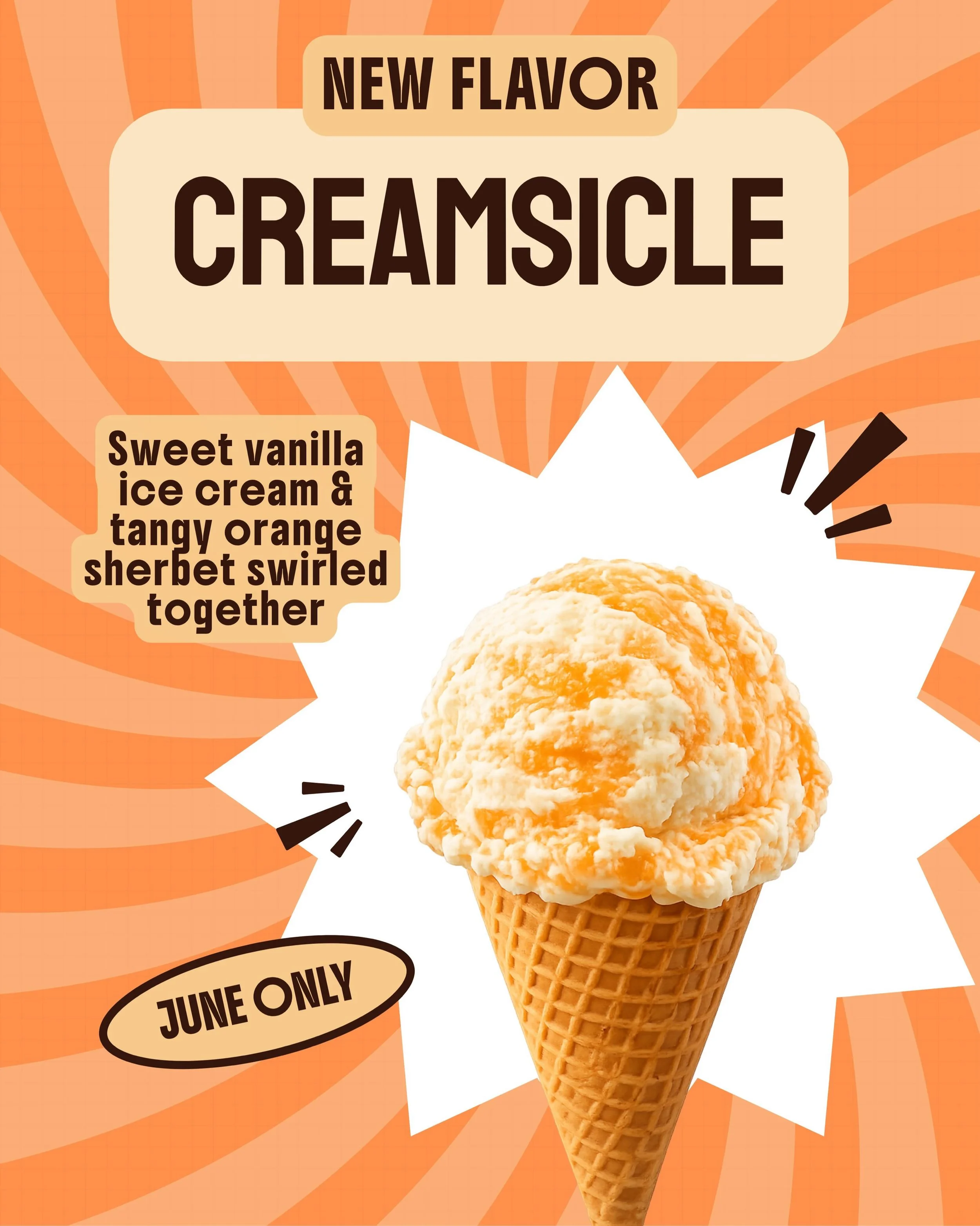 JUNE FLAVOR 🍊🍦

Voted for by you 🫵🏼 This month we have Creamsicle!!! Come in and try it today, now open at 12:00pm for the summer ☀️ We can&rsquo;t wait to see you!