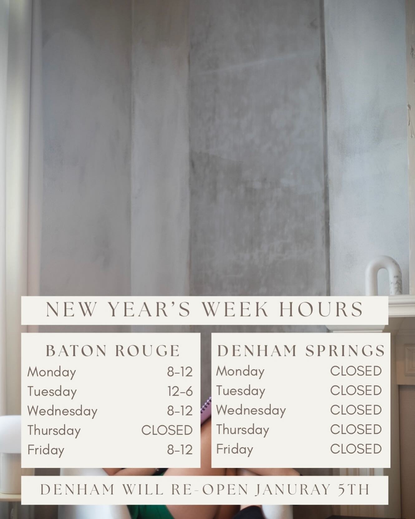We are here {in Baton Rouge} to help you start 2026 off right! If you&rsquo;re feeling the stress of all the holidays, come get adjusted &amp; help balance your nervous system!! 

Denham will re-open next Monday, January 5th, with our &ldquo;new&rdqu