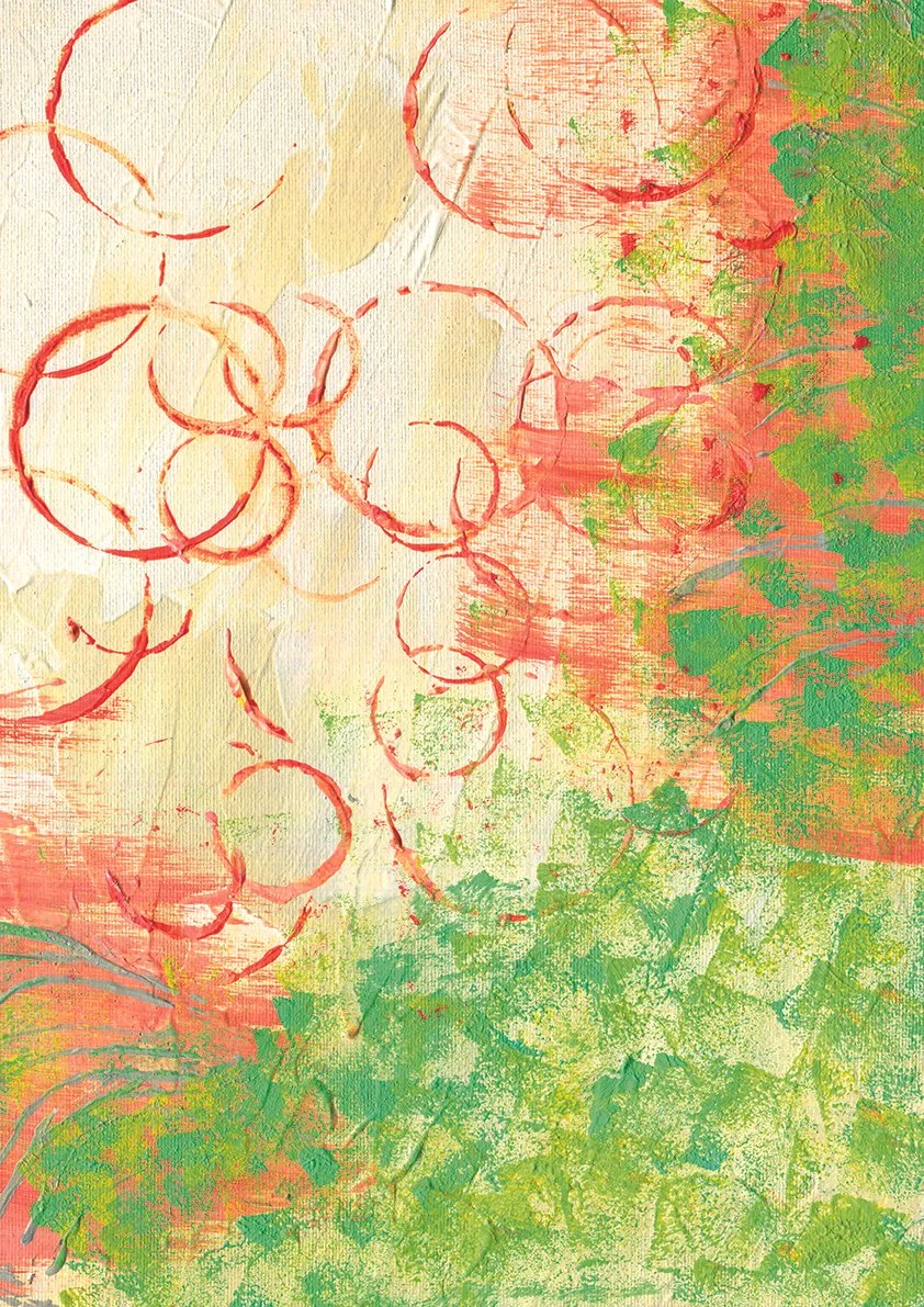 Abstract painting with circles and palm trees in shades of red, green, and yellow.