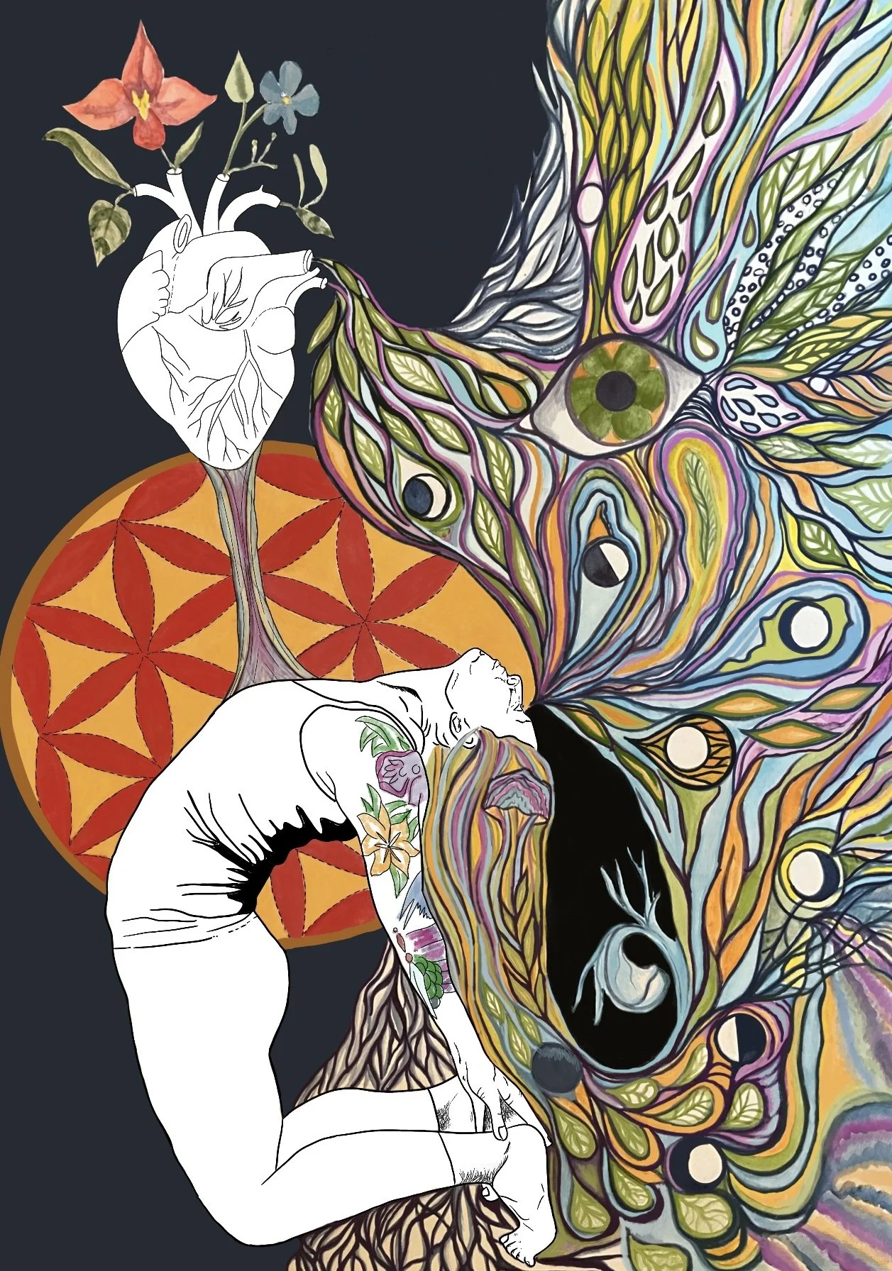 A colorful, abstract artwork featuring a large eye, leaves, flowers, and intricate, swirling patterns, with partially blacked-out human figures and tattooed bodies.