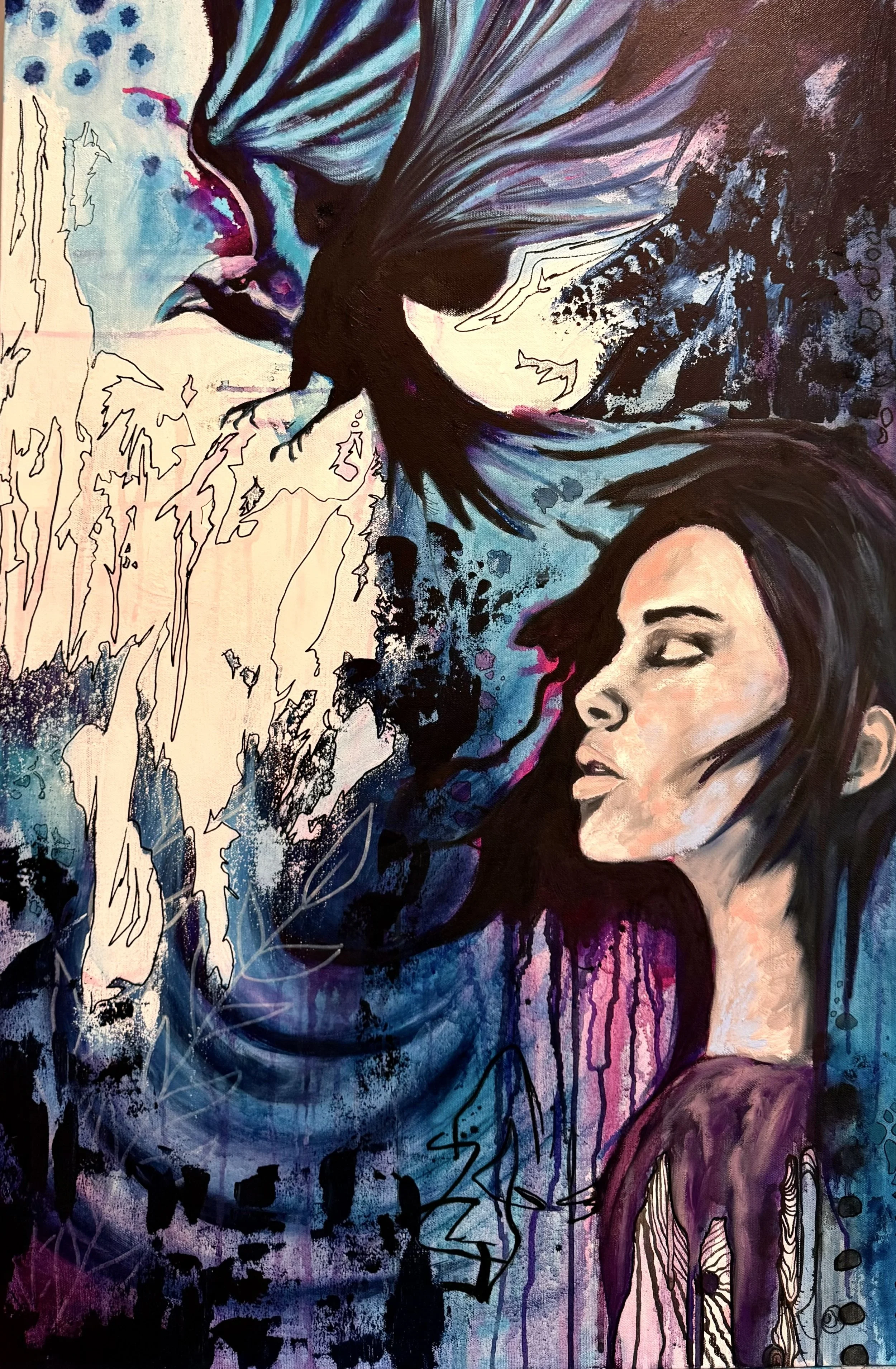A colorful abstract painting of a woman's face in profile with flowing dark hair and a bird with outstretched wings flying above her. The background has splashes of blue, purple, and black with abstract and sketch-like details.