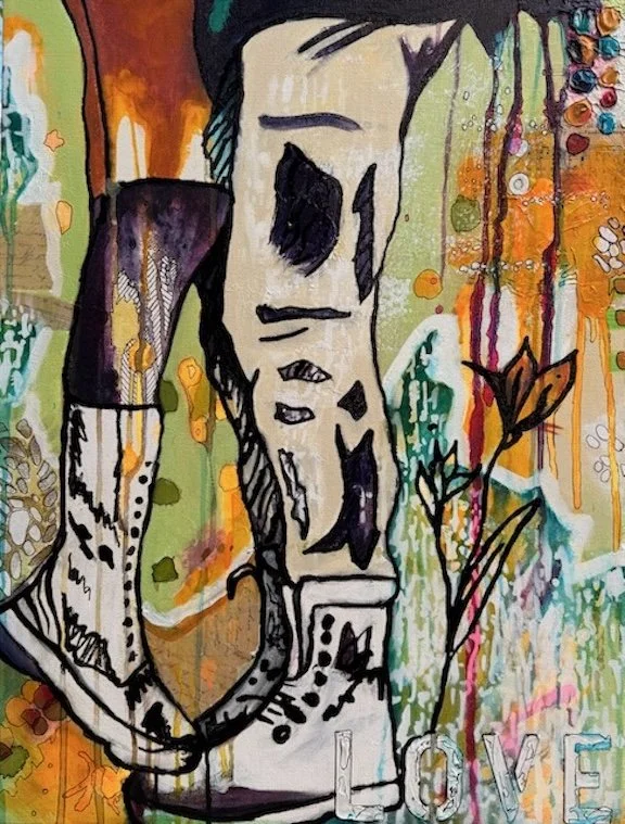 A colorful abstract watercolor painting of a woman with long hair, partially covering her face, surrounded by vibrant patterns and flowers. The word 'LOVE' is at the bottom.