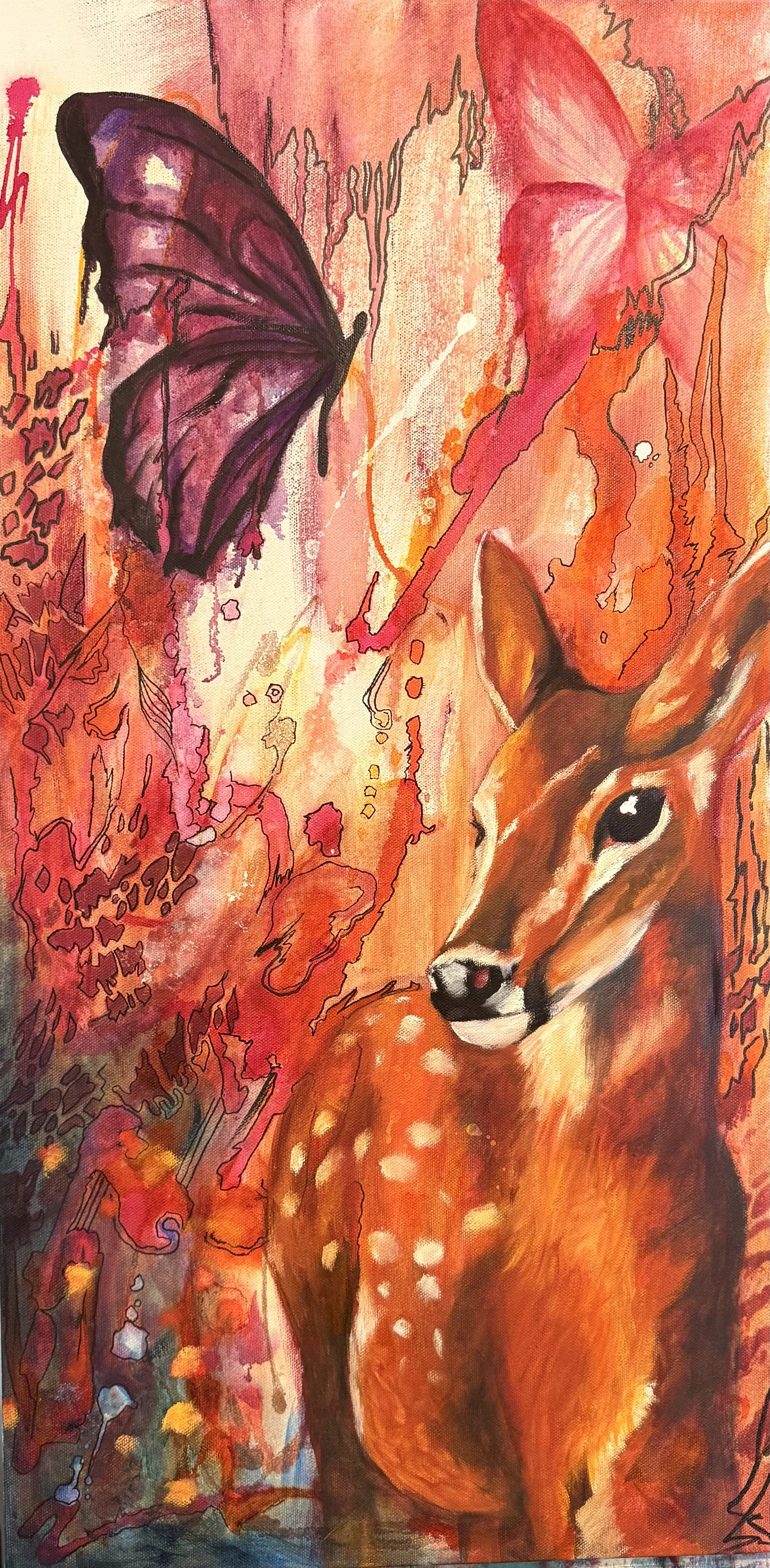 Watercolor painting of a newborn deer with a background of abstract pink and orange flowers and butterfly.
