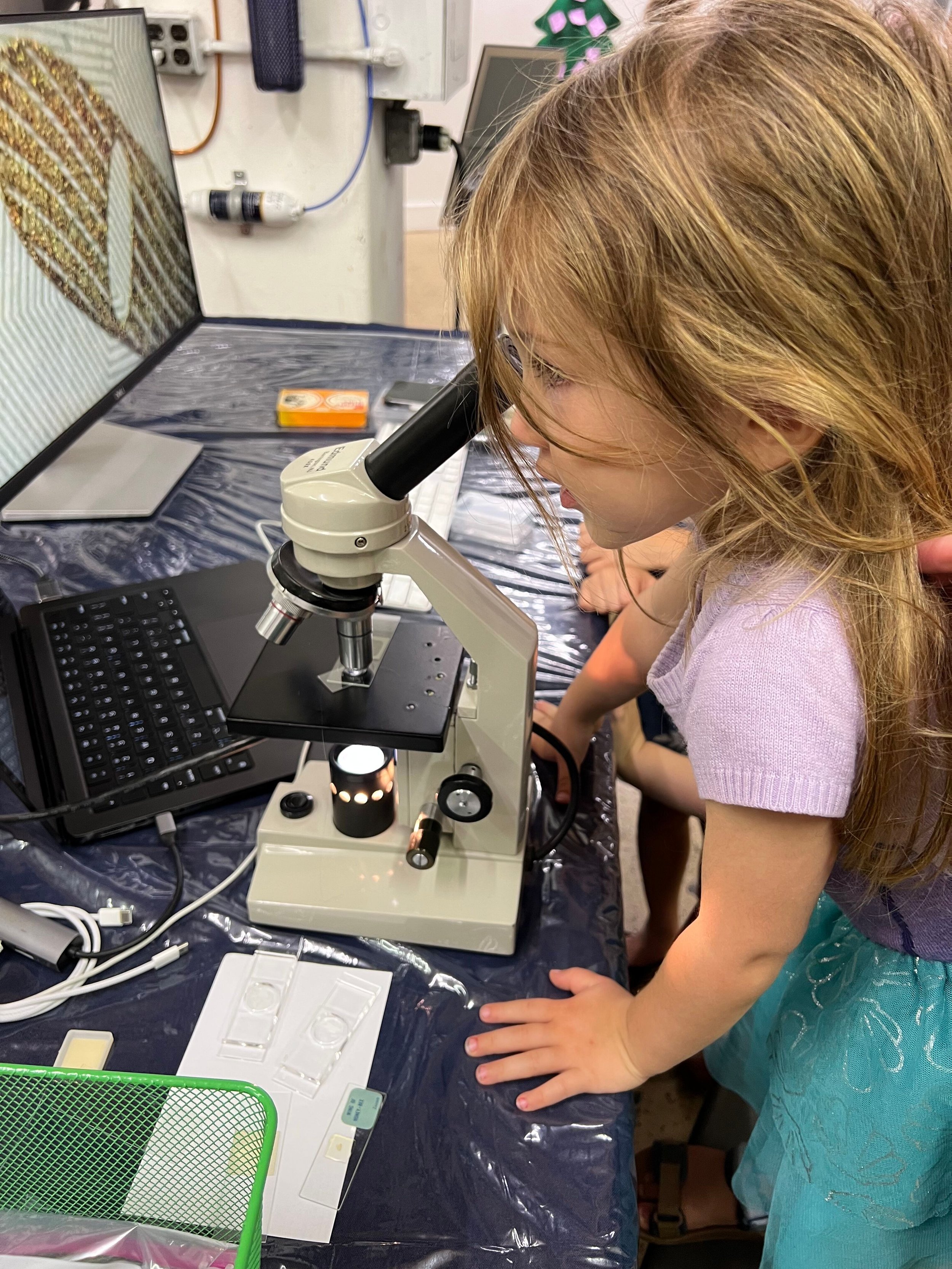 child looking into microscope