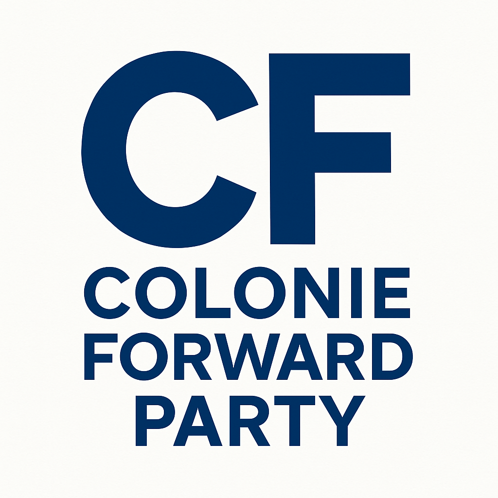 Logo for the Colonie Forward Party featuring large blue letters 'CF' and the words 'Colonie Forward Party' underneath.